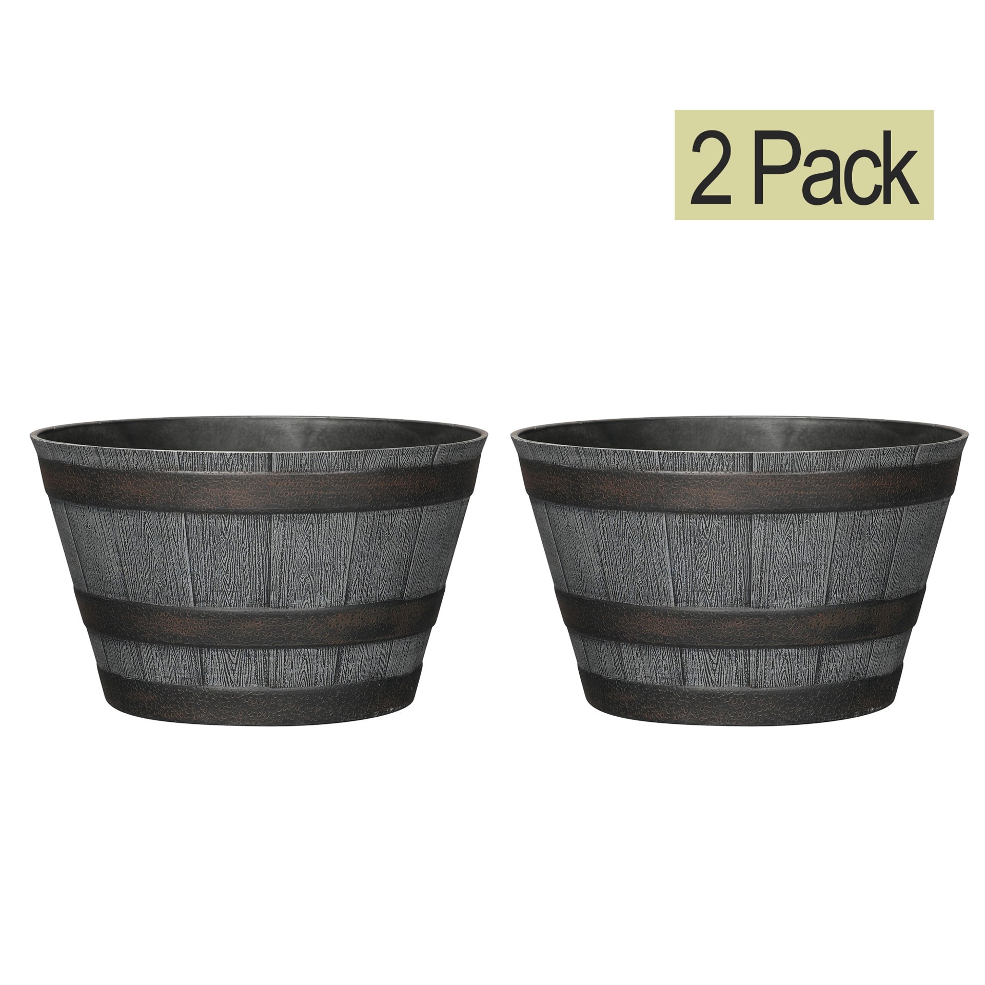 slide 2 of 6, Style Selections 2 -Pack Round 19.3-in W x 12.13-in H x 19.3-in D Gray Recycled plastic Rustic Indoor/Outdoor Whiskey Barrel, 1 ct