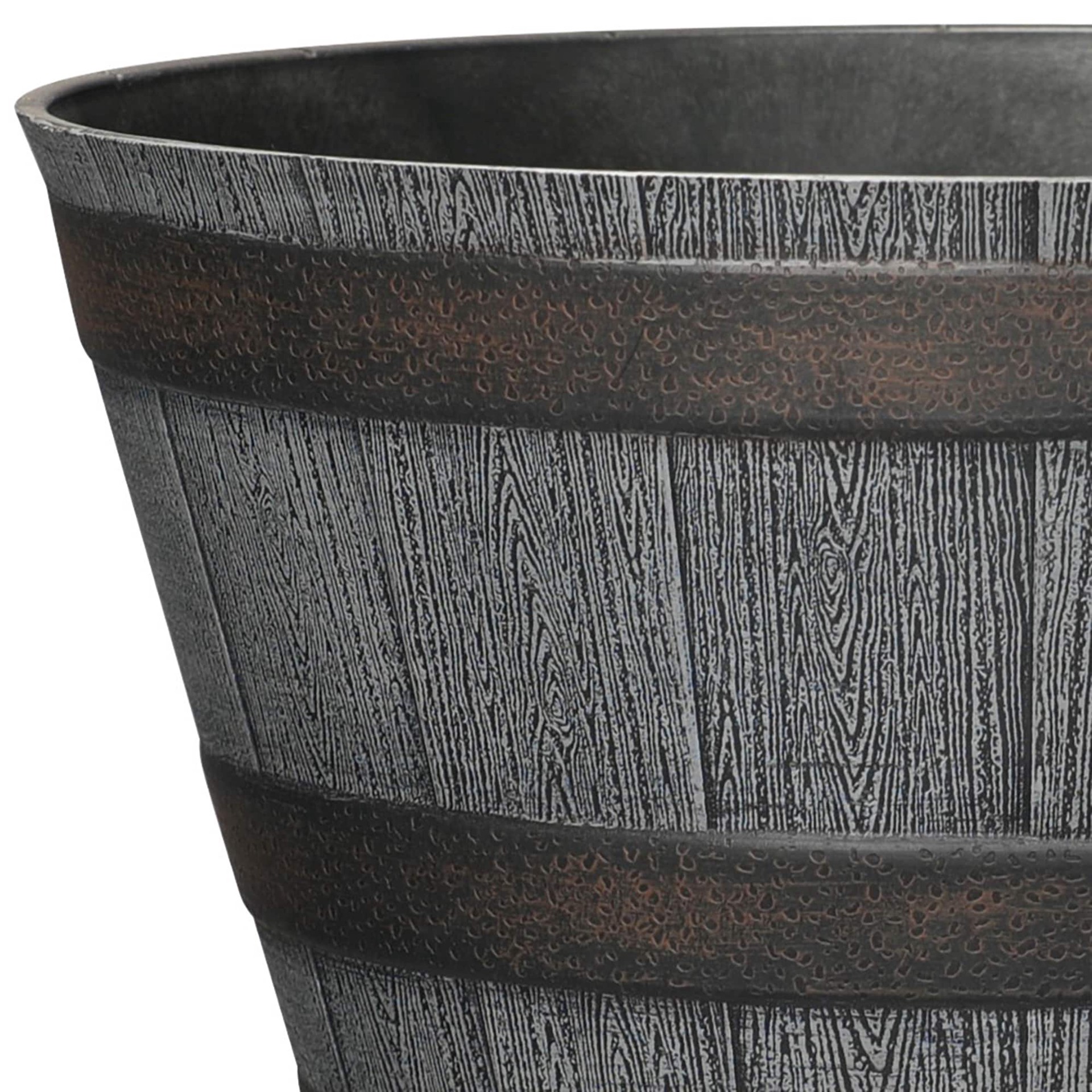 slide 4 of 6, Style Selections 2 -Pack Round 19.3-in W x 12.13-in H x 19.3-in D Gray Recycled plastic Rustic Indoor/Outdoor Whiskey Barrel, 1 ct