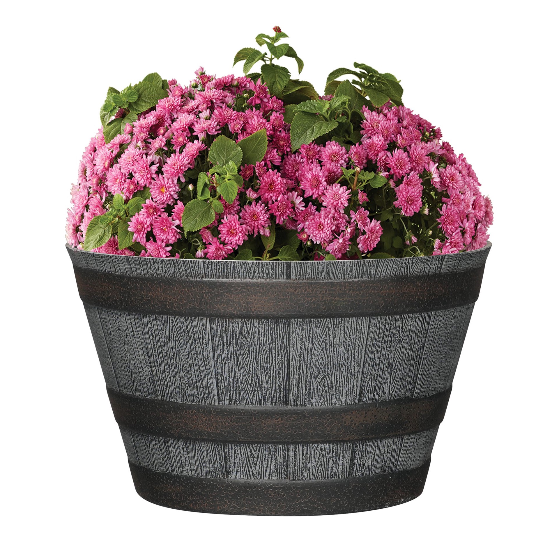 slide 5 of 6, Style Selections 2 -Pack Round 19.3-in W x 12.13-in H x 19.3-in D Gray Recycled plastic Rustic Indoor/Outdoor Whiskey Barrel, 1 ct