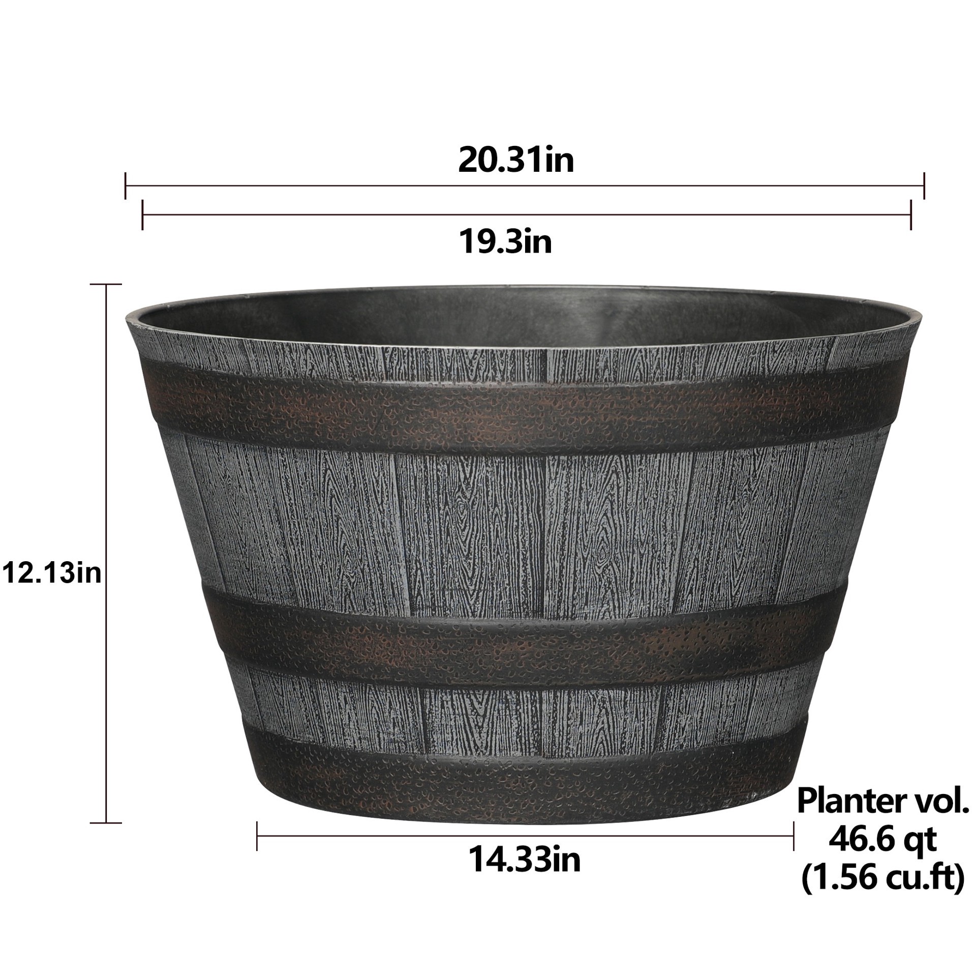 slide 6 of 6, Style Selections 2 -Pack Round 19.3-in W x 12.13-in H x 19.3-in D Gray Recycled plastic Rustic Indoor/Outdoor Whiskey Barrel, 1 ct