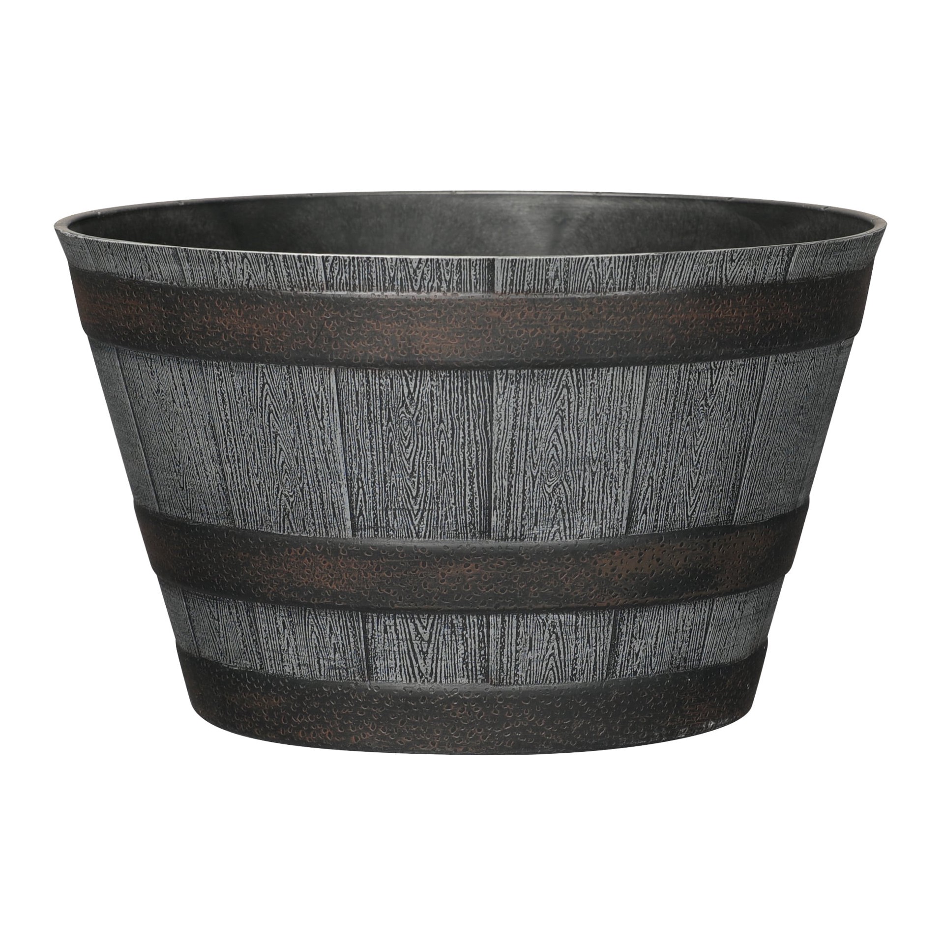 slide 1 of 6, Style Selections 2 -Pack Round 19.3-in W x 12.13-in H x 19.3-in D Gray Recycled plastic Rustic Indoor/Outdoor Whiskey Barrel, 1 ct