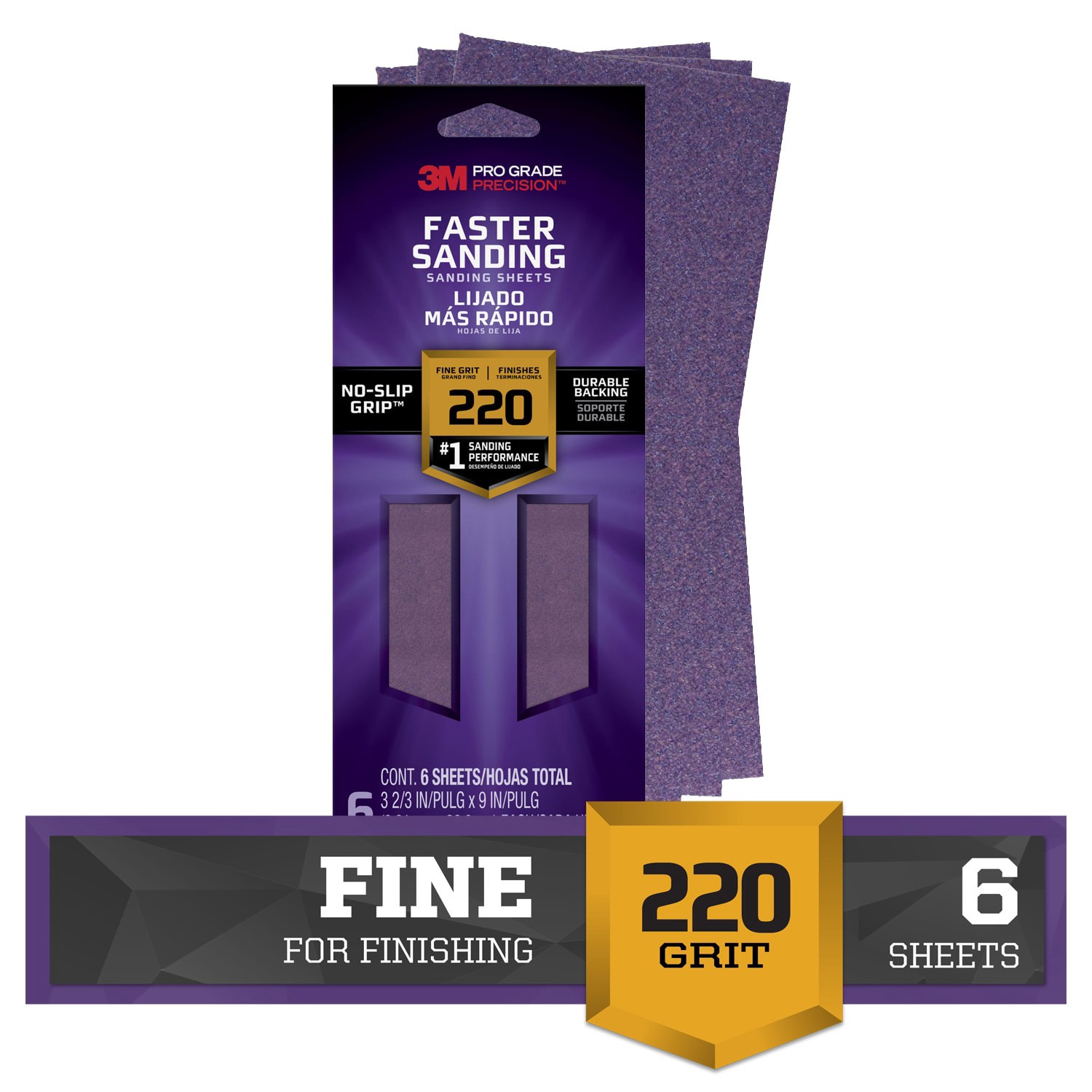 slide 1 of 6, 3M PRO Grade Precision Fine 220 -Grit Sheet Sandpaper 3.67-in W x 9-in L 6 -Pack, 1 ct