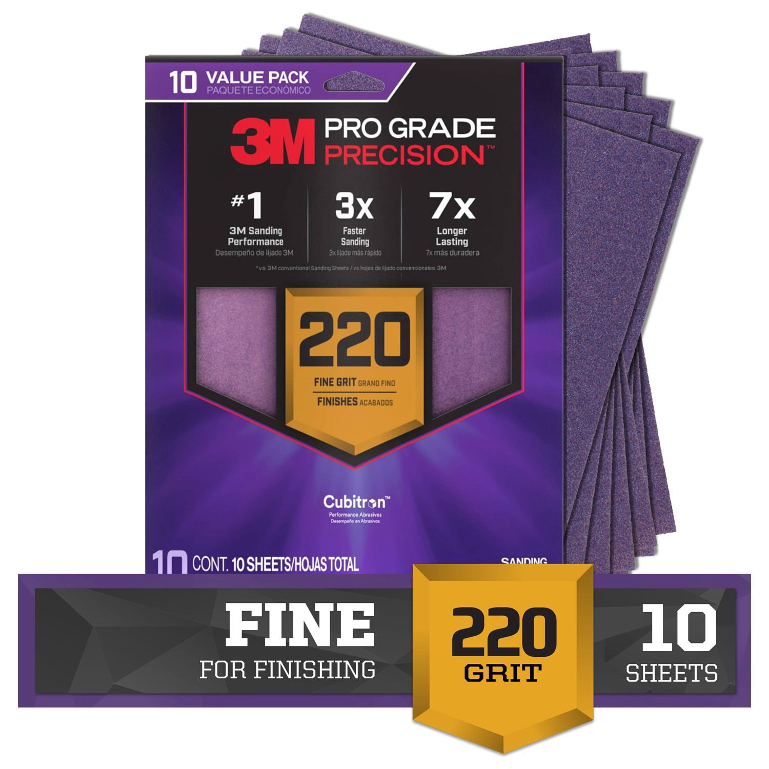 slide 1 of 6, 3M PRO Grade Precision Fine 220 -Grit Sheet Sandpaper 11-in W x 9-in L 10 -Pack, 1 ct