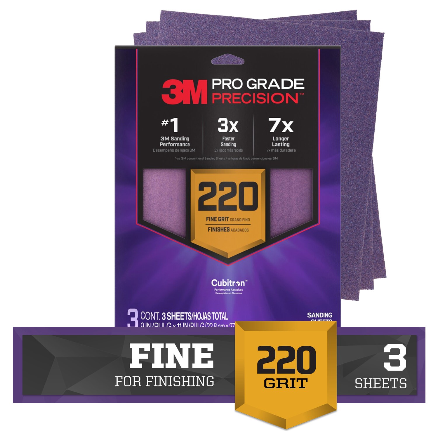 slide 1 of 6, 3M PRO Grade Precision Fine 220 -Grit Sheet Sandpaper 11-in W x 9-in L 3 -Pack, 1 ct