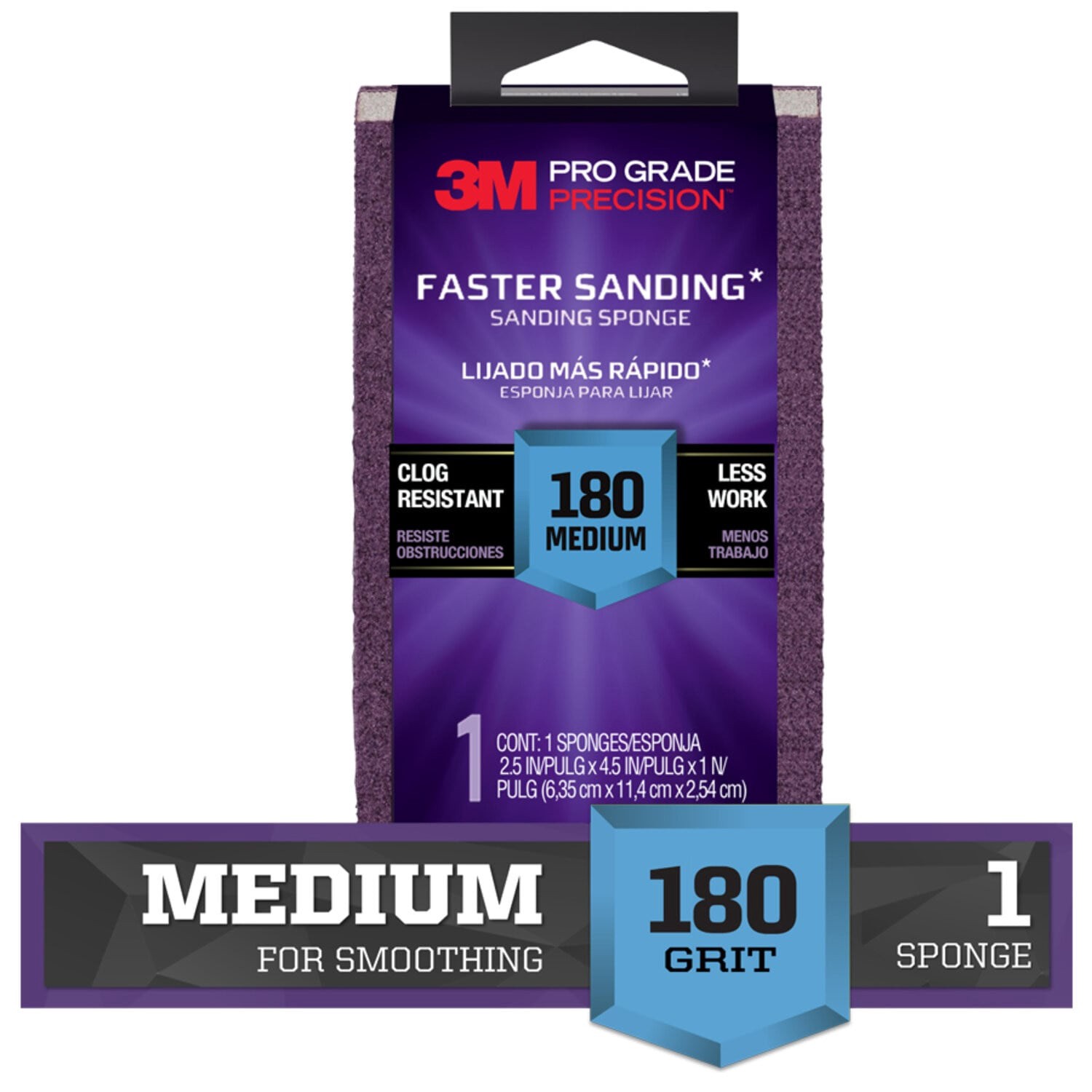slide 1 of 6, 3M PRO Grade Precision Fine 180-Grit Sanding sponge 1-in x 2.5-in, 1 ct