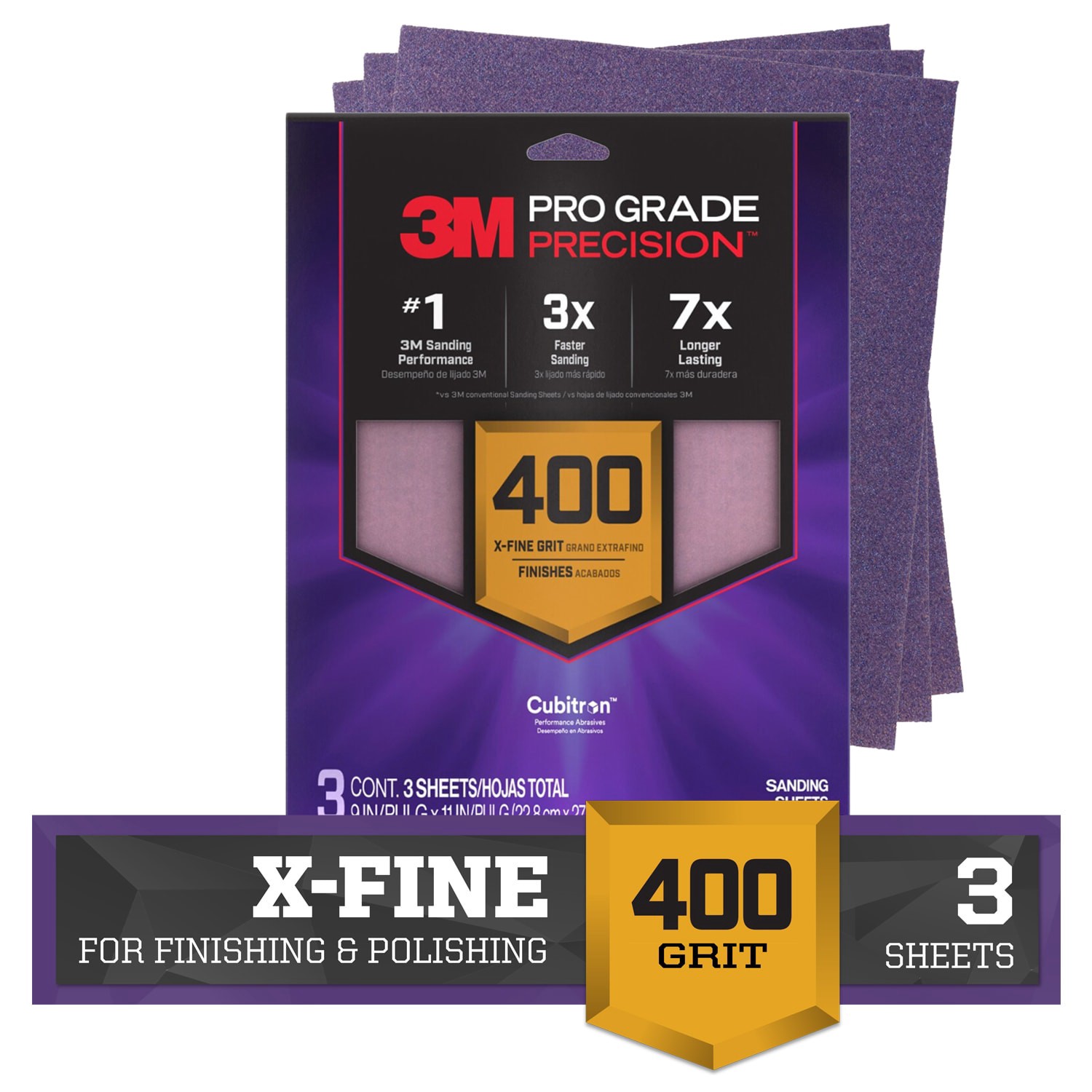 slide 1 of 6, 3M PRO Grade Precision Extra fine 400 -Grit Sheet Sandpaper 11-in W x 9-in L 3 -Pack, 1 ct