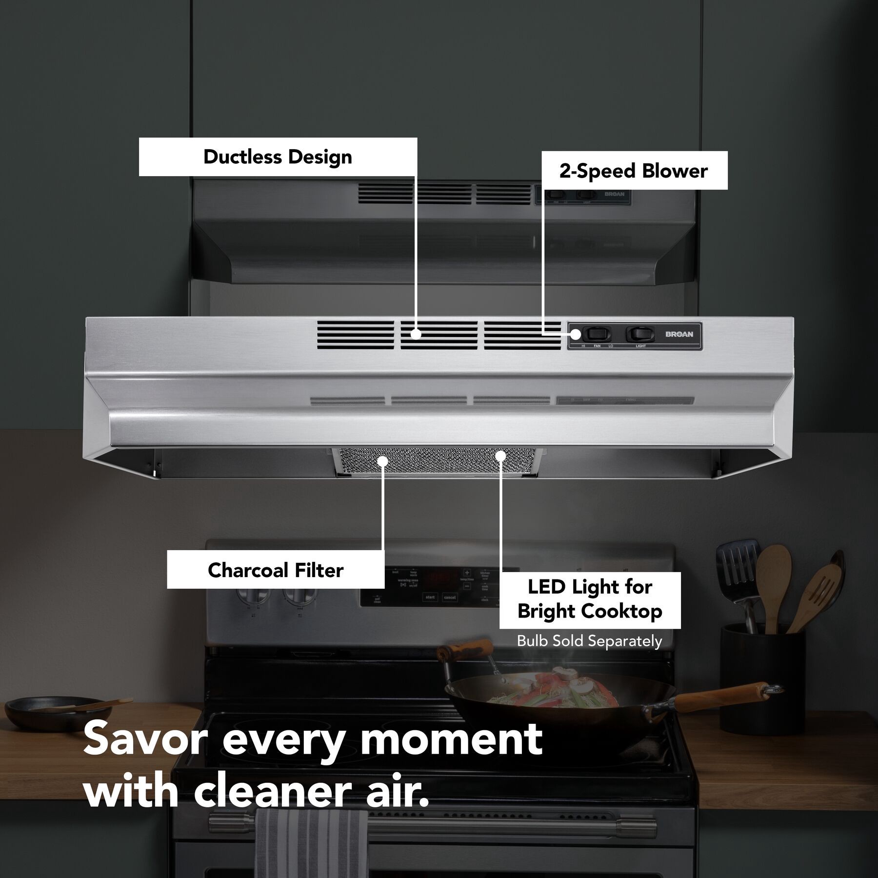slide 2 of 6, Broan 30 inch Ductless 50-CFM Recirculating Fingerprint Resistant Stainless-Steel Finish Under Cabinet Range Hood with Charcoal Filter, 1 ct