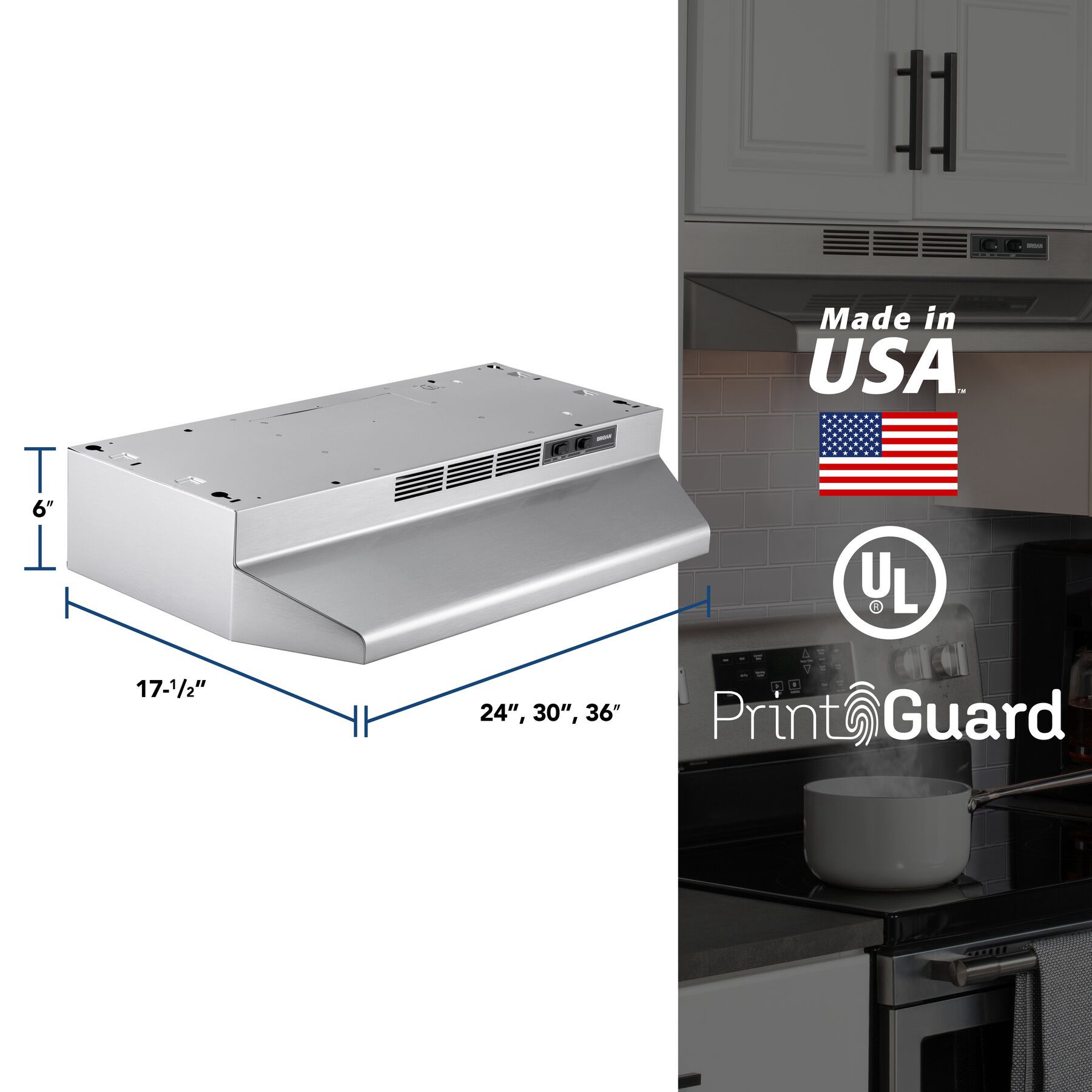 slide 6 of 6, Broan 30 inch Ductless 50-CFM Recirculating Fingerprint Resistant Stainless-Steel Finish Under Cabinet Range Hood with Charcoal Filter, 1 ct