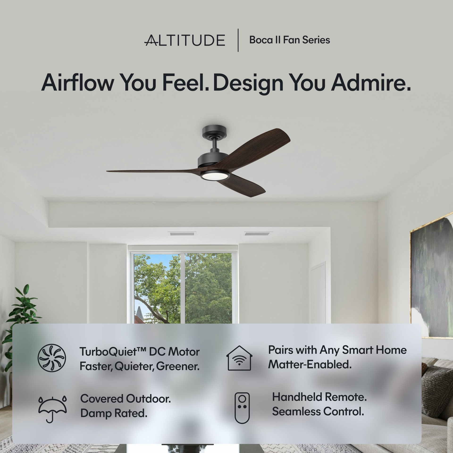 slide 5 of 6, ALTITUDE BOCA II 52-in Matte Black with Dark Brown Blades Color-Changing LED Covered Outdoor Smart Ceiling Fan With Light and Remote Control Included 3 -Blade, 1 ct