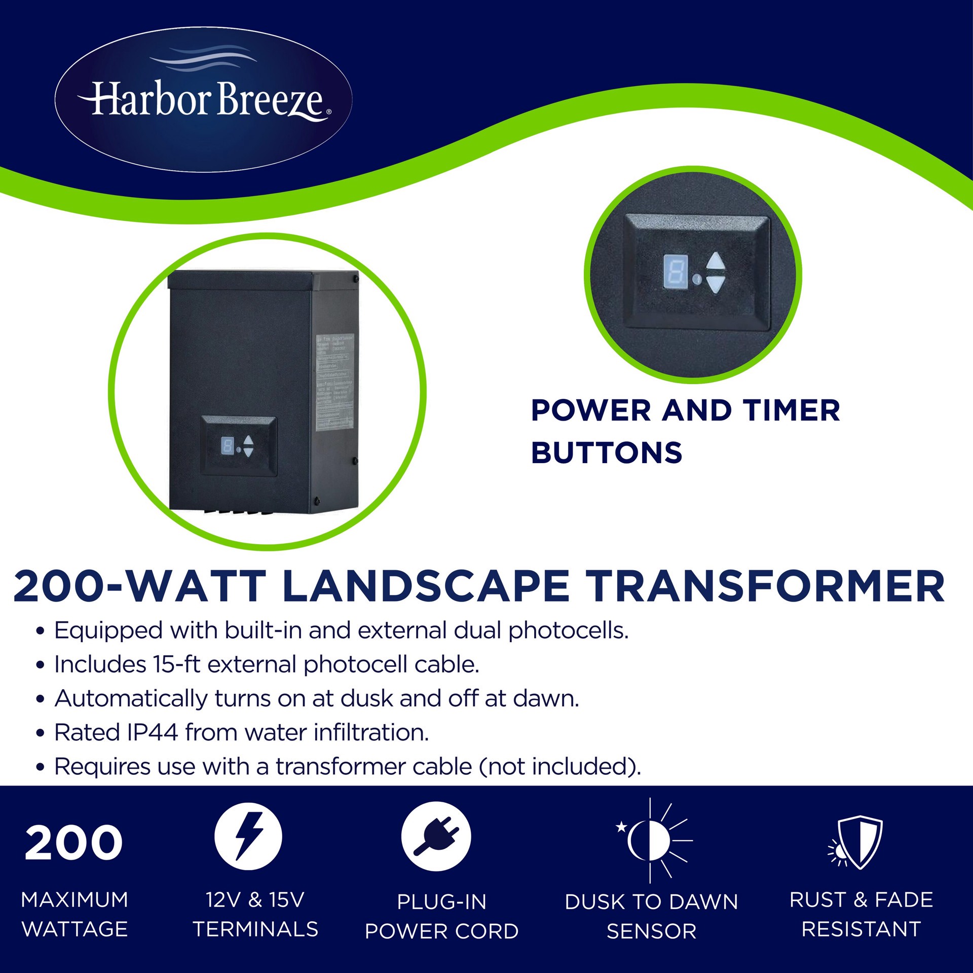 slide 3 of 6, Harbor Breeze 200 -Watt Multi-Tap Transformer Landscape Lighting Transformer with Digital Timer and Dusk-to-Dawn Sensor, 1 ct