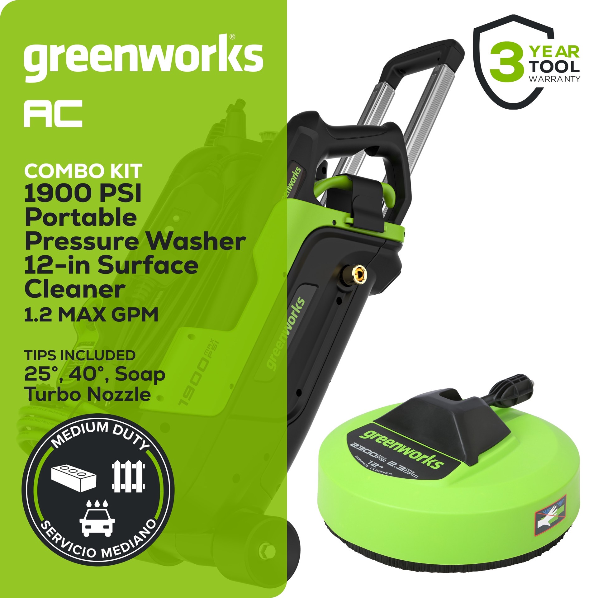 slide 2 of 6, Greenworks 1900-PSI 1.2-GPM Cold Water Electric Pressure washer with 4 Spray Tips and Surface Cleaner, 1 ct