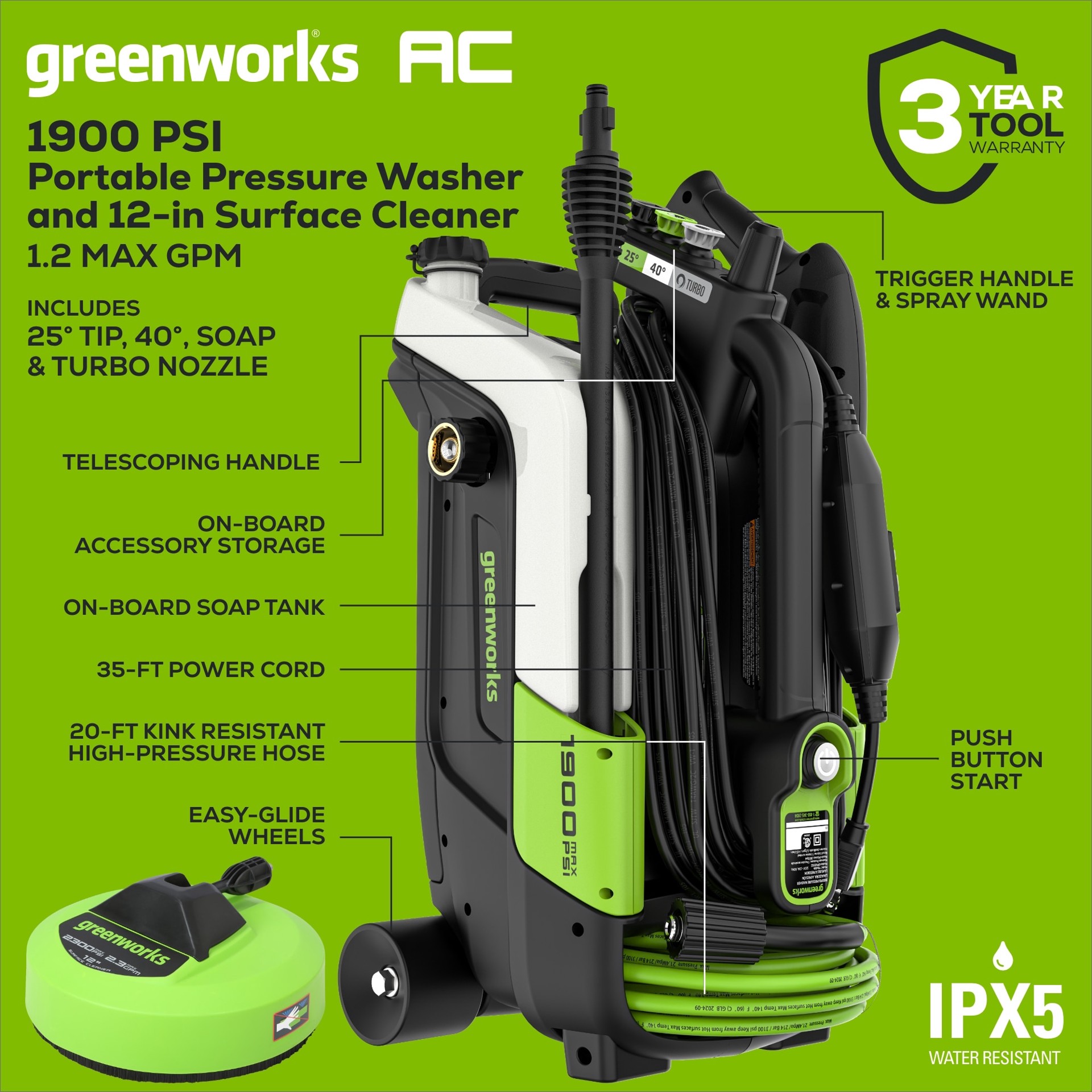 slide 3 of 6, Greenworks 1900-PSI 1.2-GPM Cold Water Electric Pressure washer with 4 Spray Tips and Surface Cleaner, 1 ct
