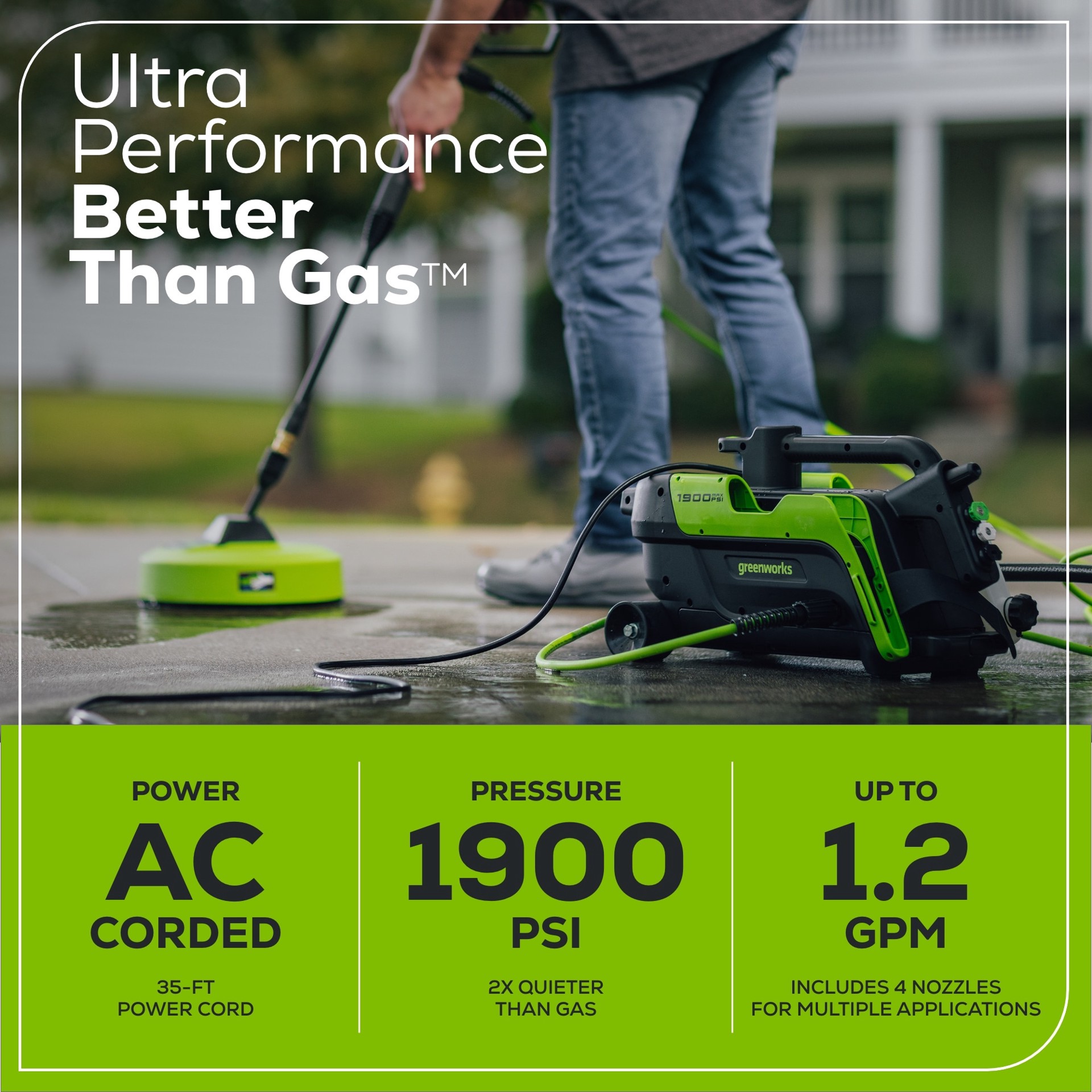 slide 4 of 6, Greenworks 1900-PSI 1.2-GPM Cold Water Electric Pressure washer with 4 Spray Tips and Surface Cleaner, 1 ct