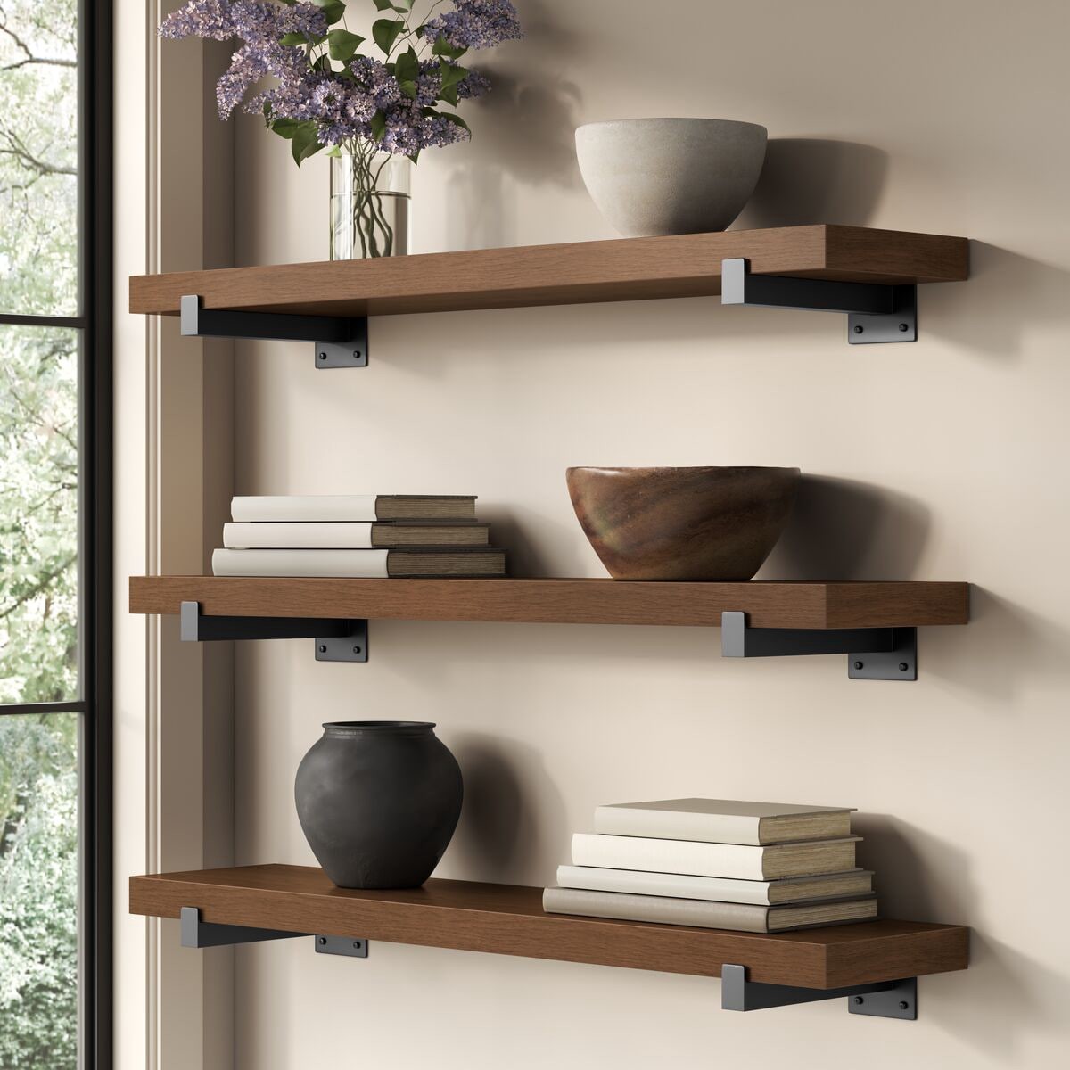 slide 2 of 6, allen + roth 9-in D x 36-in L Dark Oak MDF Rectangular Floating shelf, 1 ct
