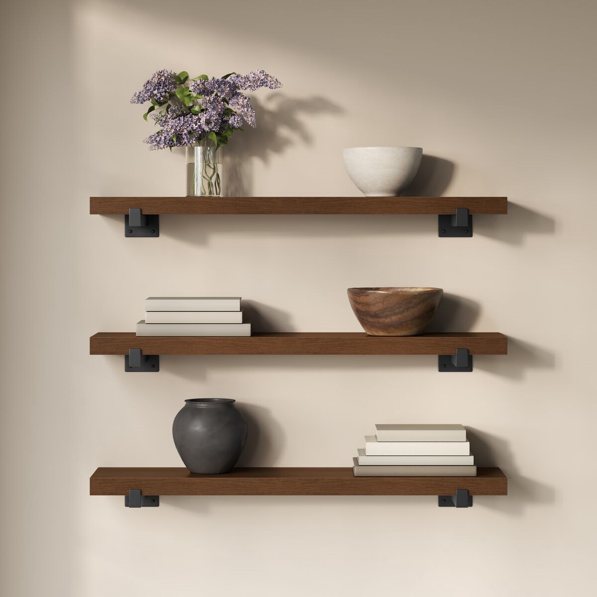 slide 5 of 6, allen + roth 9-in D x 36-in L Dark Oak MDF Rectangular Floating shelf, 1 ct