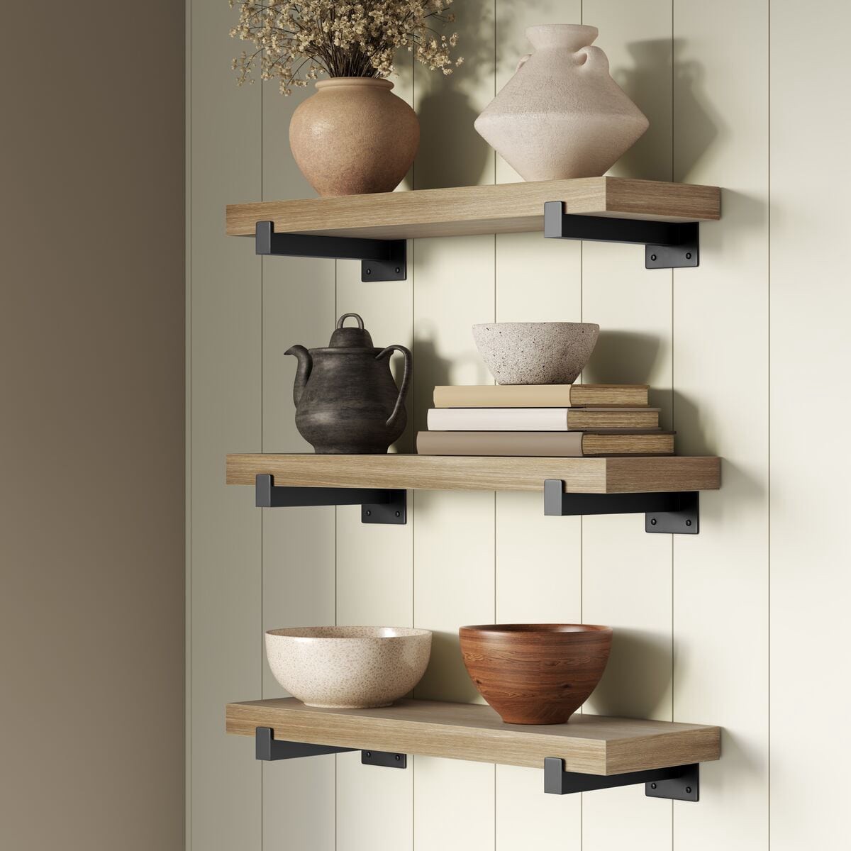 slide 2 of 6, allen + roth 9-in D x 24-in L Natural Oak MDF Rectangular Floating shelf, 1 ct