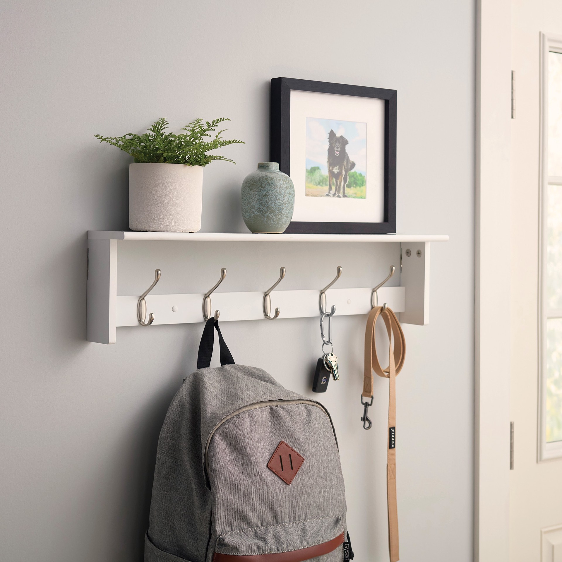 slide 2 of 5, allen + roth 5 -Hook 27-in x 7-in H White/Nickel Decorative Wall Hook ( 35-lb Capacity), 1 ct