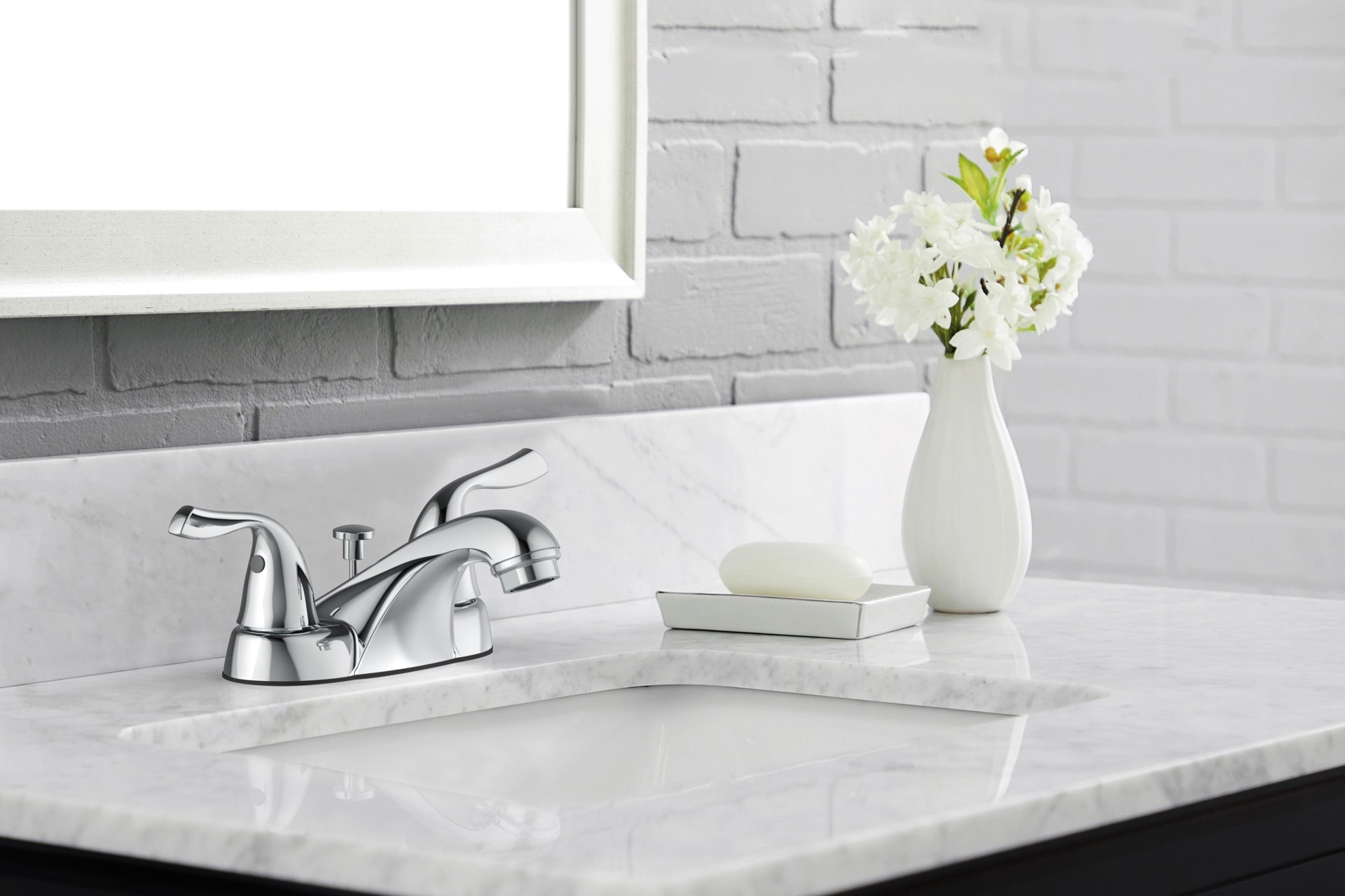 slide 6 of 6, Project Source Polished Chrome 4-in centerset 2-handle WaterSense Low-arc Residential Handle Bathroom Sink Faucet with Drain with Deck Plate, 1 ct