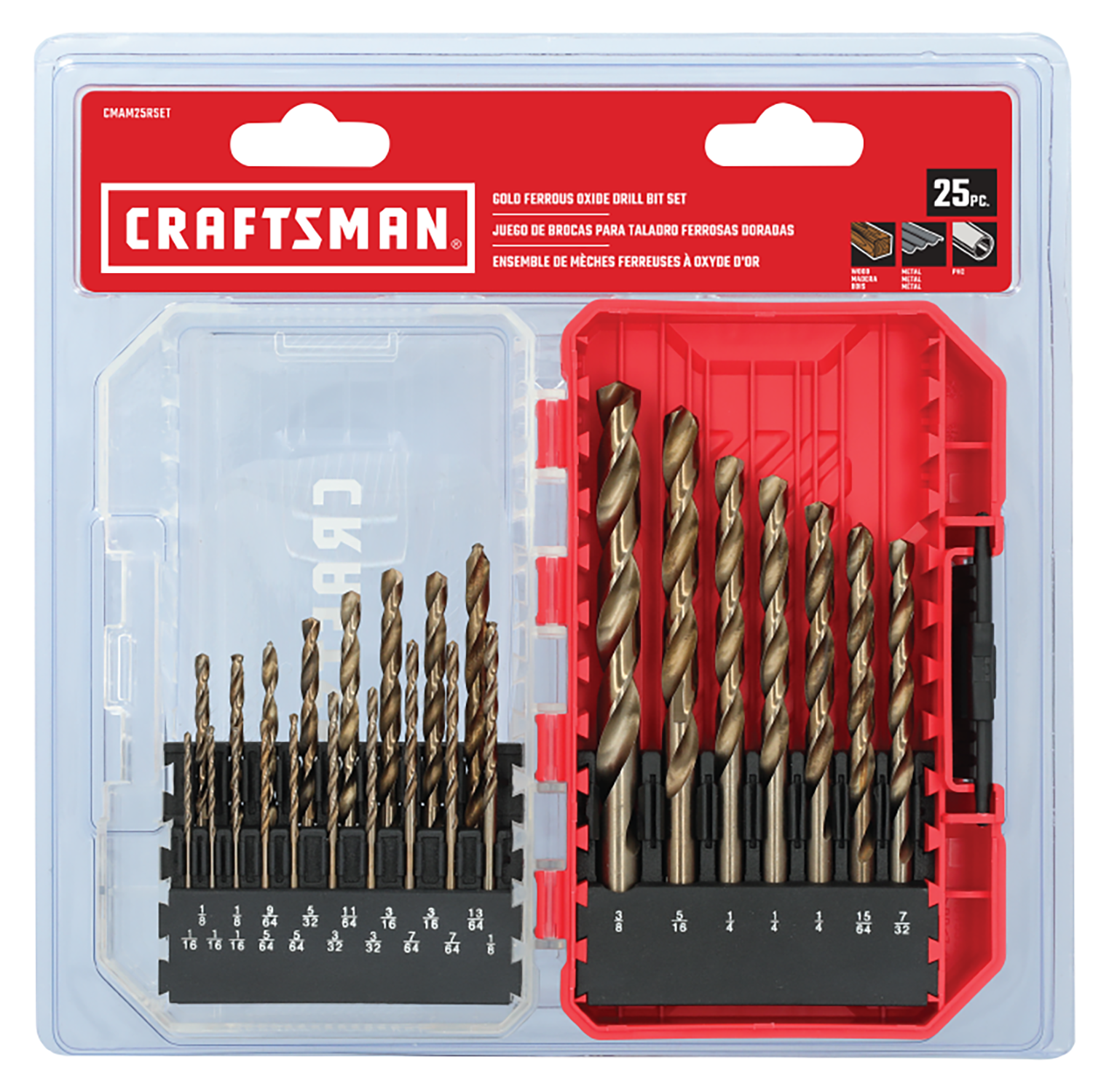 slide 4 of 6, CRAFTSMAN 25 -Piece Left handed/Right handed Assorted x Gold oxide coated Jobber length Twist Drill Bit Set, 1 ct