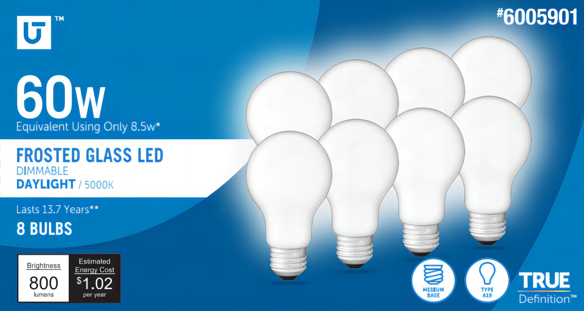 slide 1 of 1, Utilitech LED light bulb 60-Watt EQ A19 Daylight E26 Dimmable LED General Purpose Light Bulb (8-Pack), 1 ct