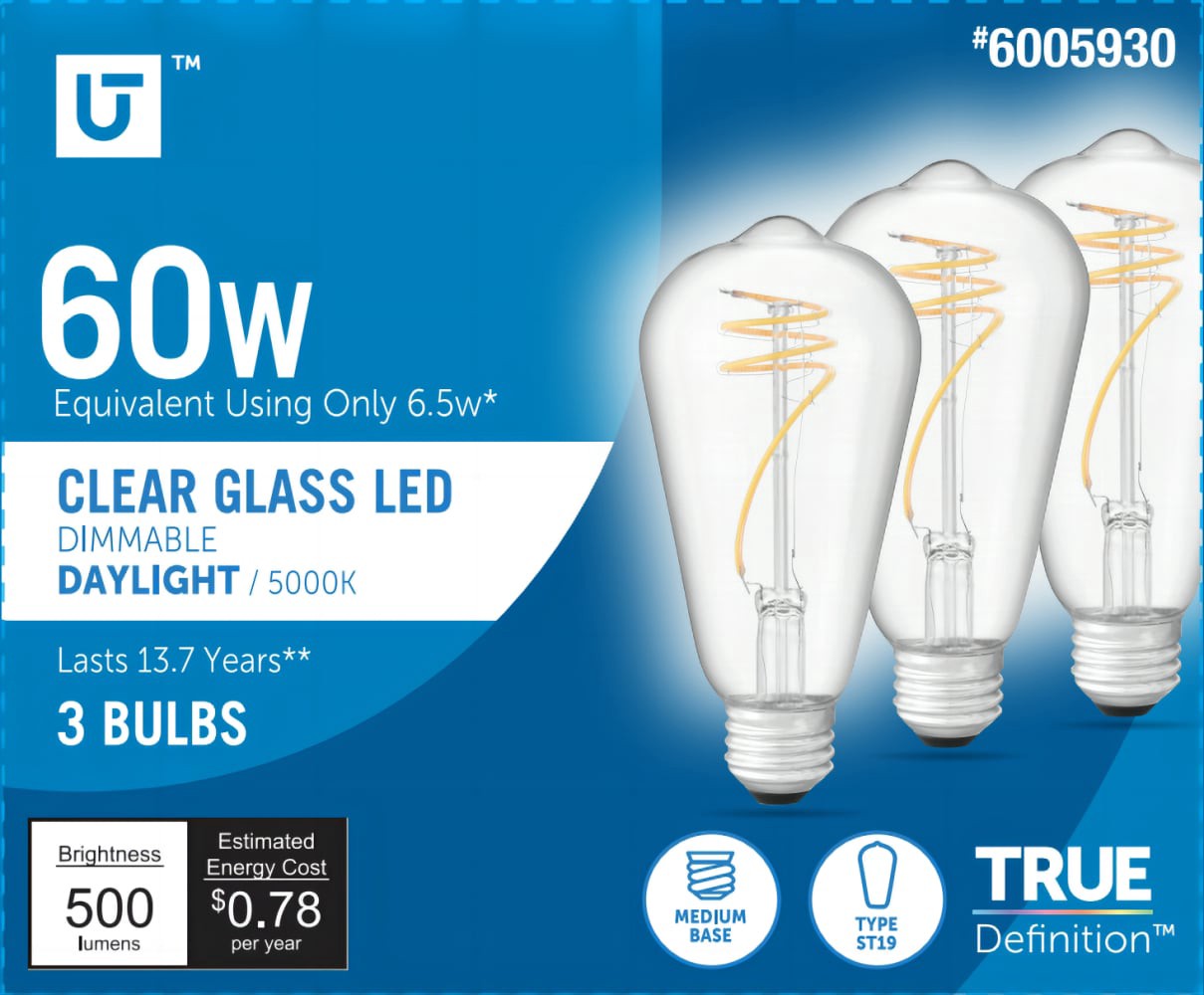 slide 1 of 1, Utilitech LED light bulb 60-Watt EQ ST19 Daylight E26 Dimmable LED General Purpose Light Bulb (3-Pack), 1 ct