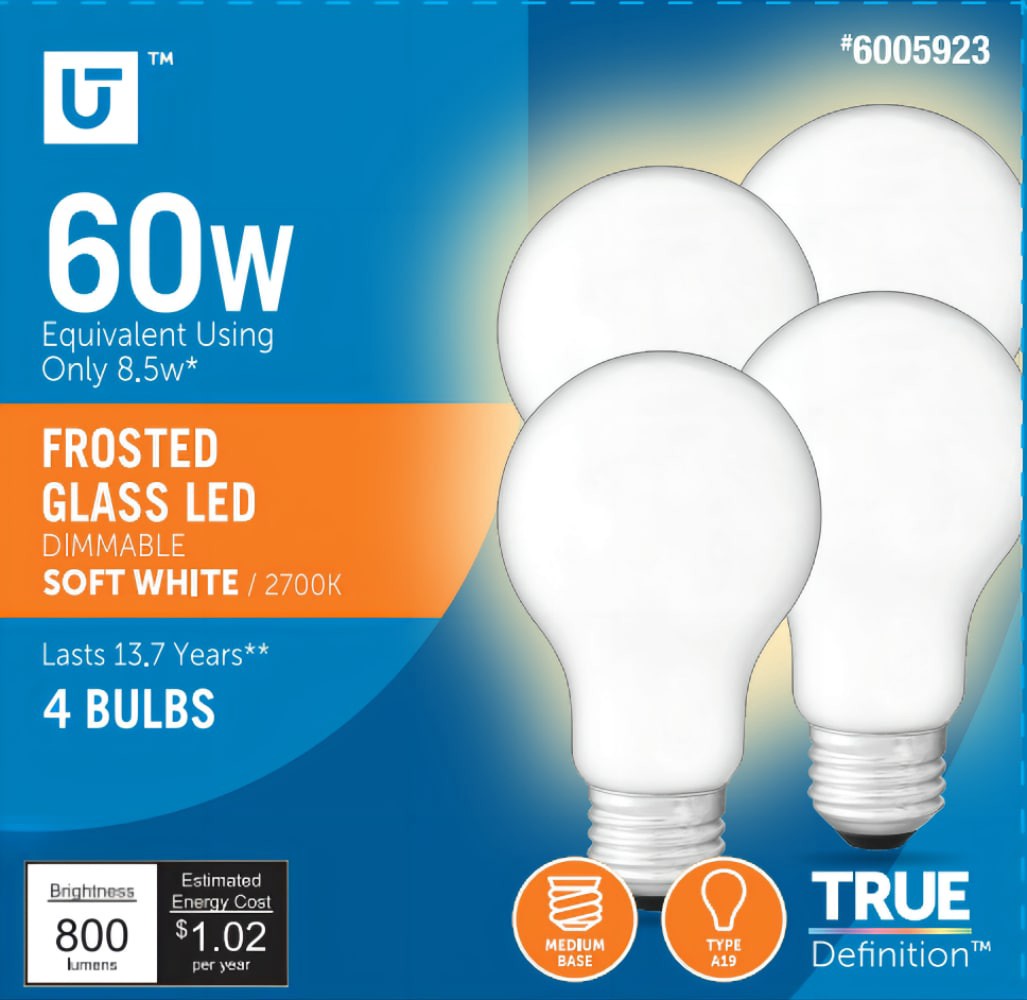 slide 1 of 1, Utilitech LED light bulb 60-Watt EQ A19 Soft White E26 Dimmable LED General Purpose Light Bulb (4-Pack), 1 ct
