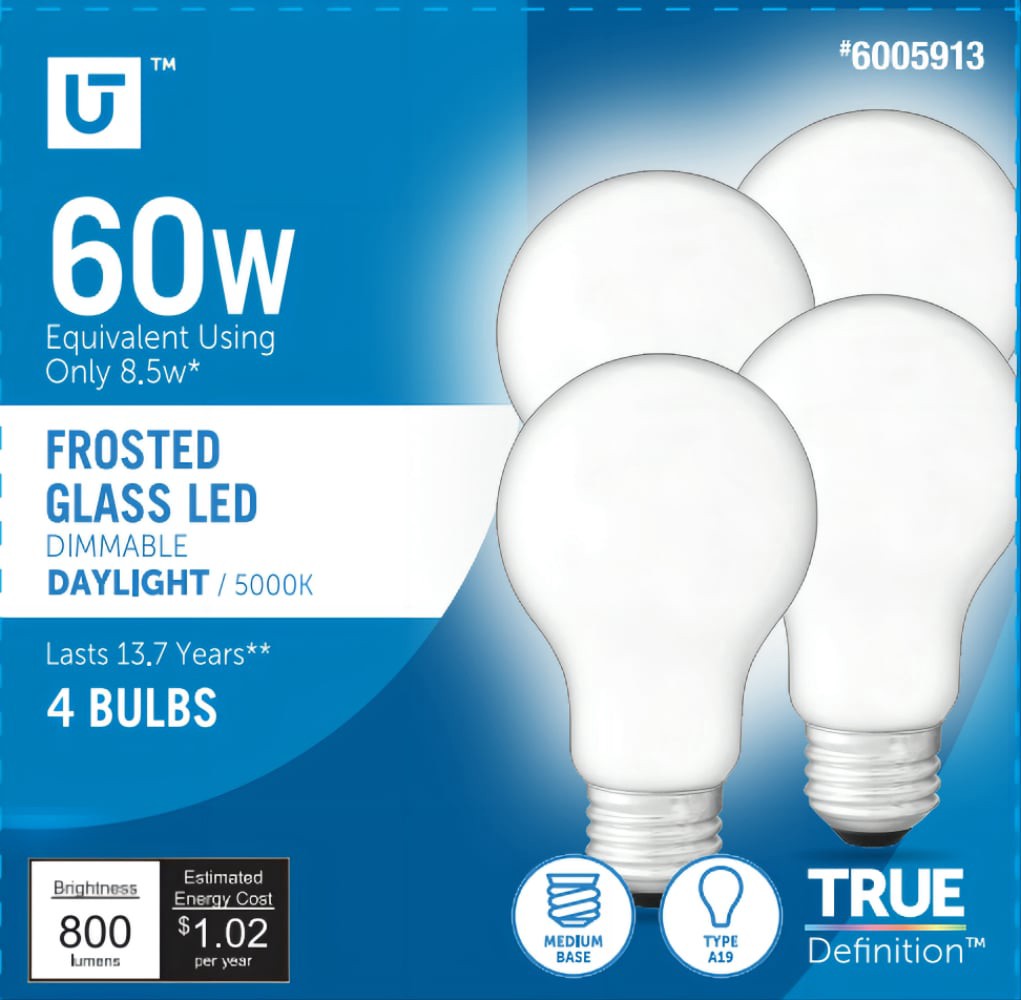 slide 1 of 1, Utilitech LED light bulb 60-Watt EQ A19 Daylight E26 Dimmable LED General Purpose Light Bulb (4-Pack), 1 ct
