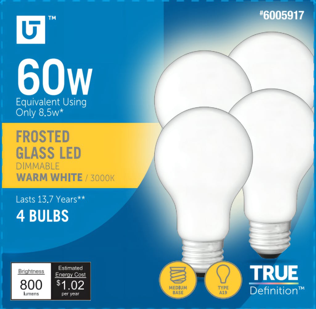 slide 1 of 1, Utilitech LED light bulb 60-Watt EQ A19 Warm White E26 Dimmable LED General Purpose Light Bulb (4-Pack), 1 ct