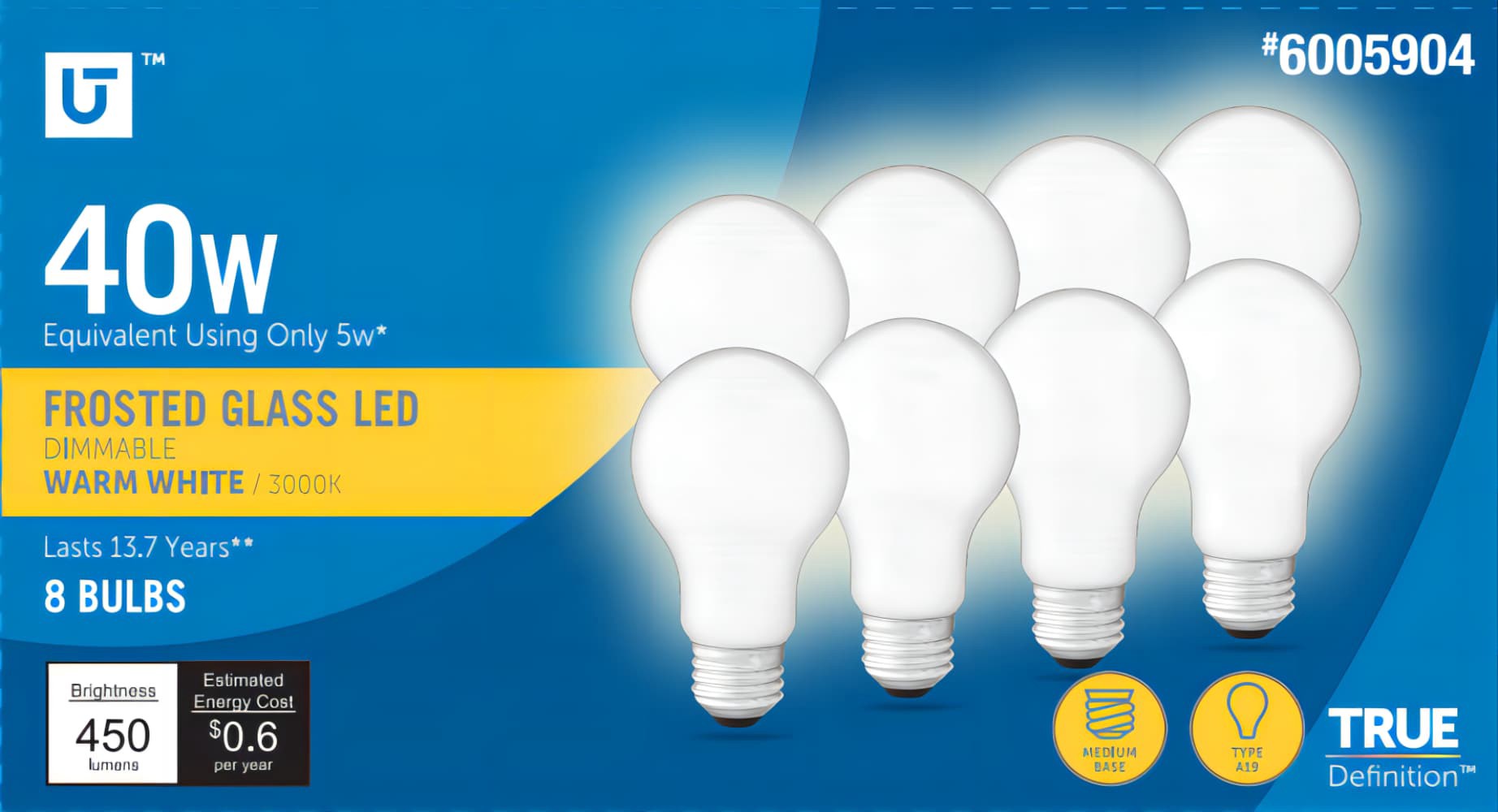 slide 1 of 1, Utilitech LED light bulb 40-Watt EQ A19 Warm White E26 Dimmable LED General Purpose Light Bulb (8-Pack), 1 ct