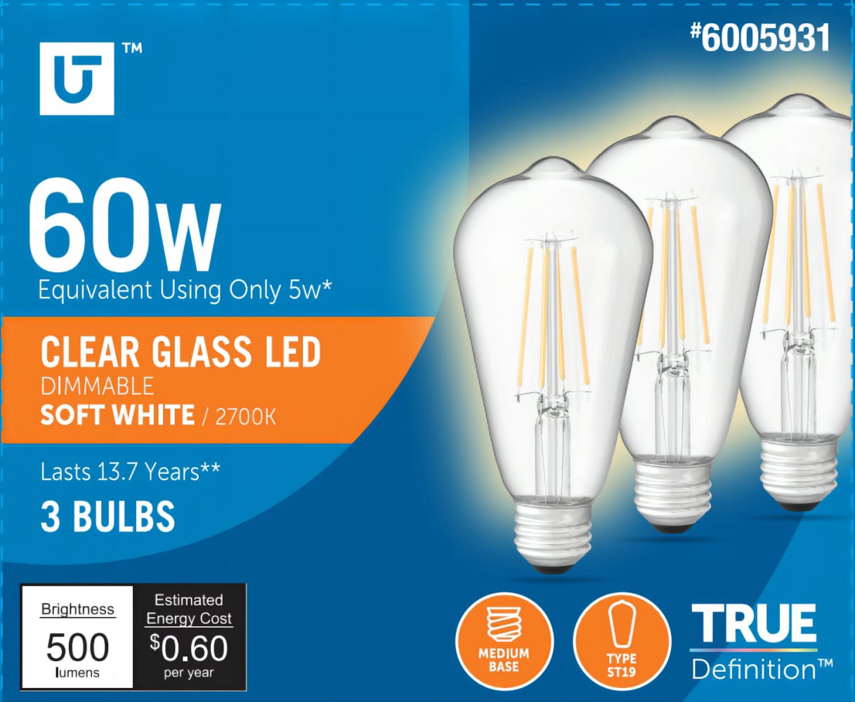 slide 1 of 1, Utilitech LED light bulb 60-Watt EQ ST19 Soft White E26 Dimmable LED General Purpose Light Bulb (3-Pack), 1 ct