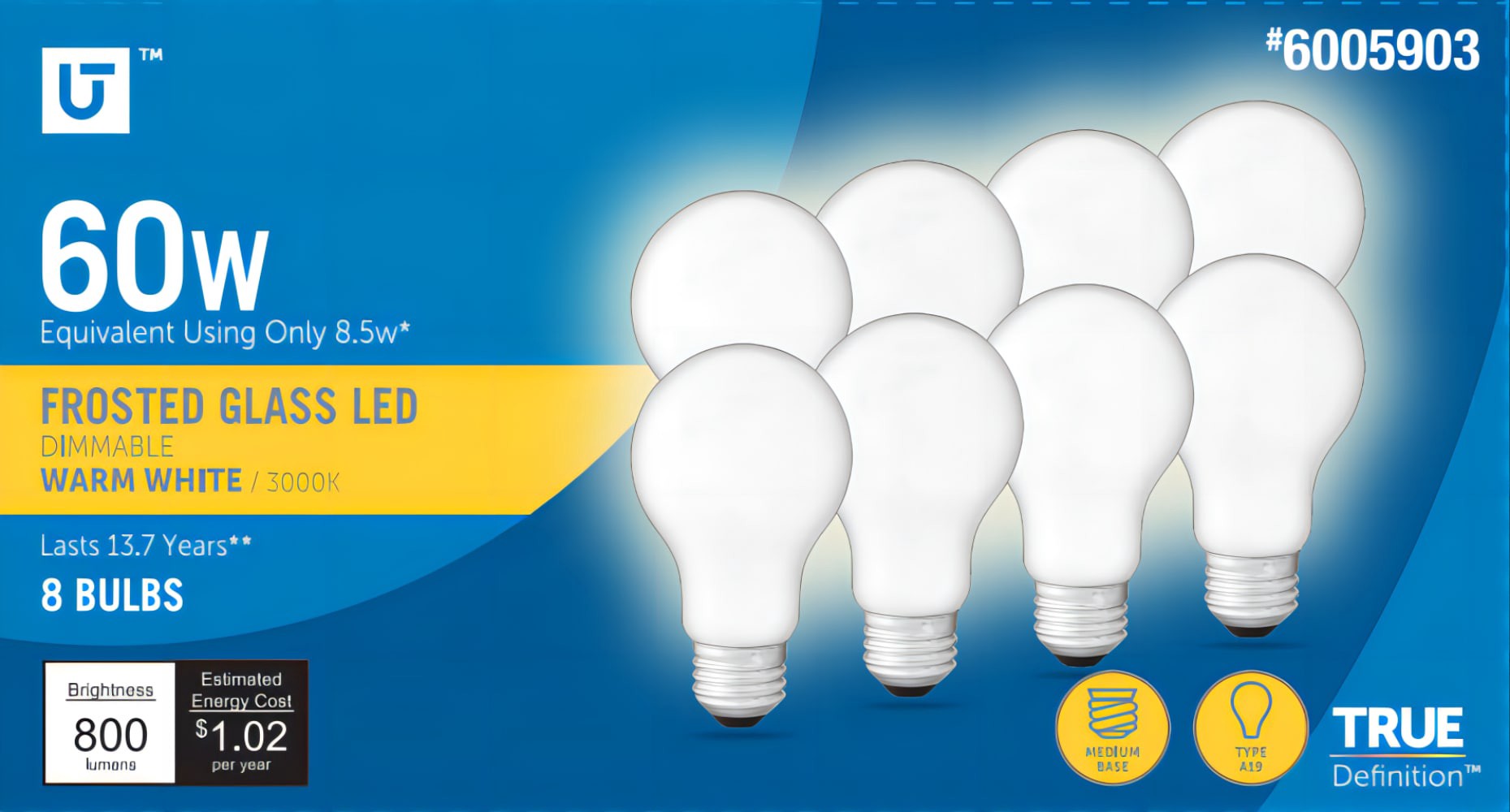 slide 1 of 1, Utilitech LED light bulb 60-Watt EQ A19 Warm White E26 Dimmable LED General Purpose Light Bulb (8-Pack), 1 ct