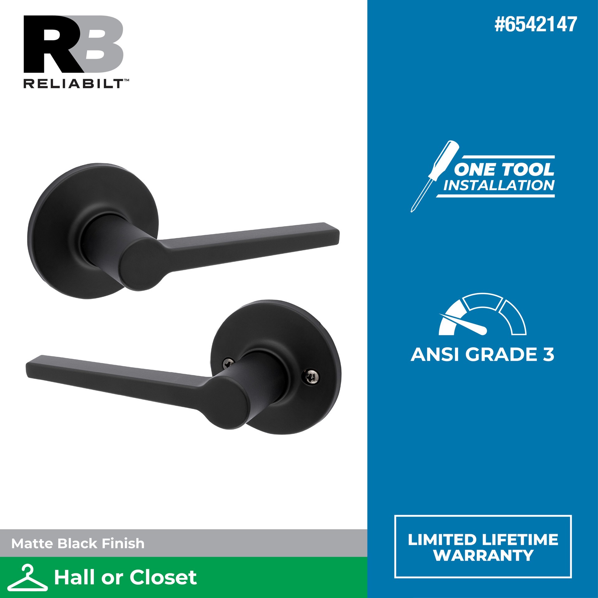 slide 2 of 6, RELIABILT Dallas Matte Black Interior or Hall/Closet Passage Door Handle Contractor Pack 6 -Pack, 1 ct