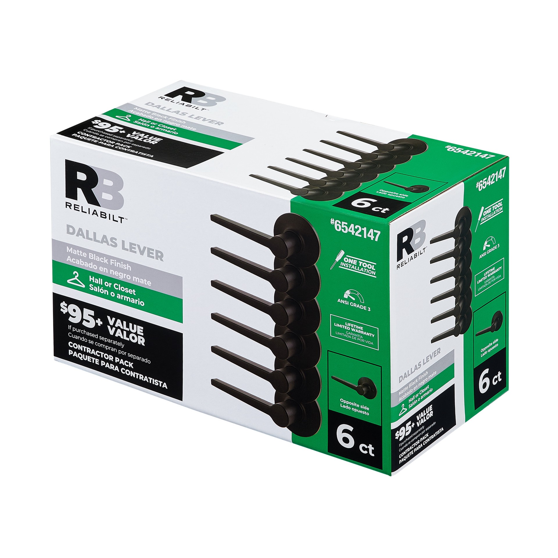 slide 6 of 6, RELIABILT Dallas Matte Black Interior or Hall/Closet Passage Door Handle Contractor Pack 6 -Pack, 1 ct