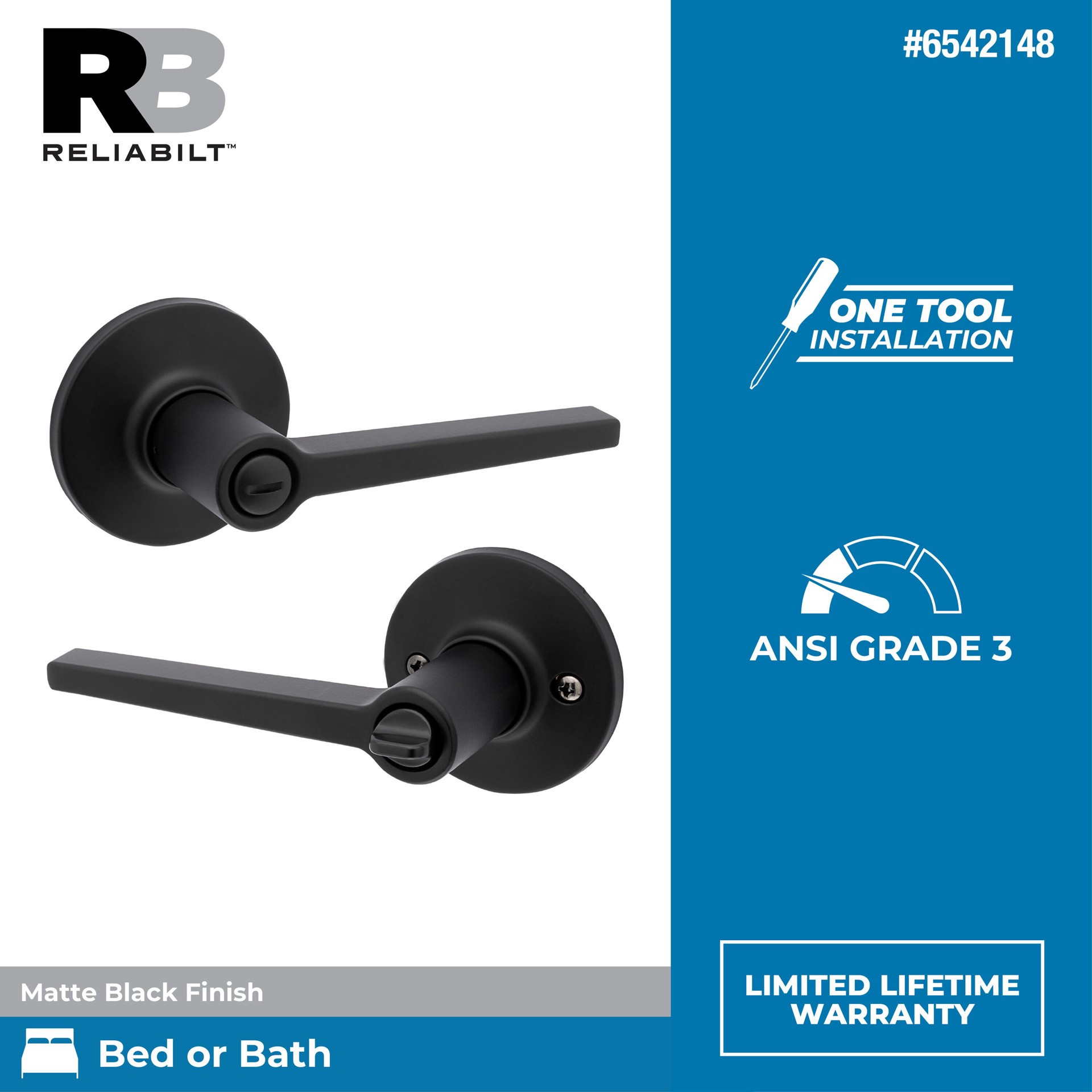 slide 2 of 6, RELIABILT Dallas Matte Black Interior or Bed/Bath Privacy Door Handle Contractor Pack 6 -Pack, 1 ct