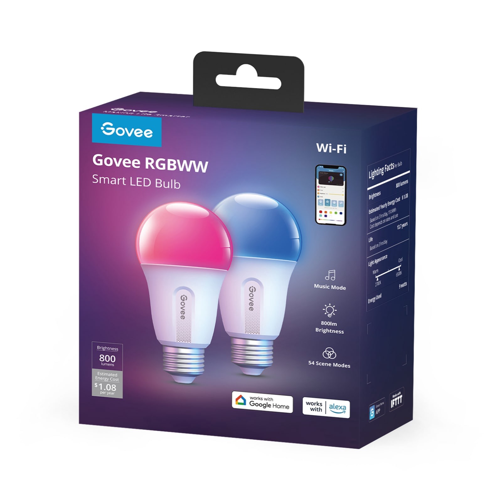 slide 1 of 6, Govee Wi0Fi 800LM RGBWW Smart LED Bulb - 2 Pack 60 -Watt EQ A19 Multicolor Medium screw base E26 Dimmable Smart LED General purpose Light Bulb 2 -Pack, 1 ct