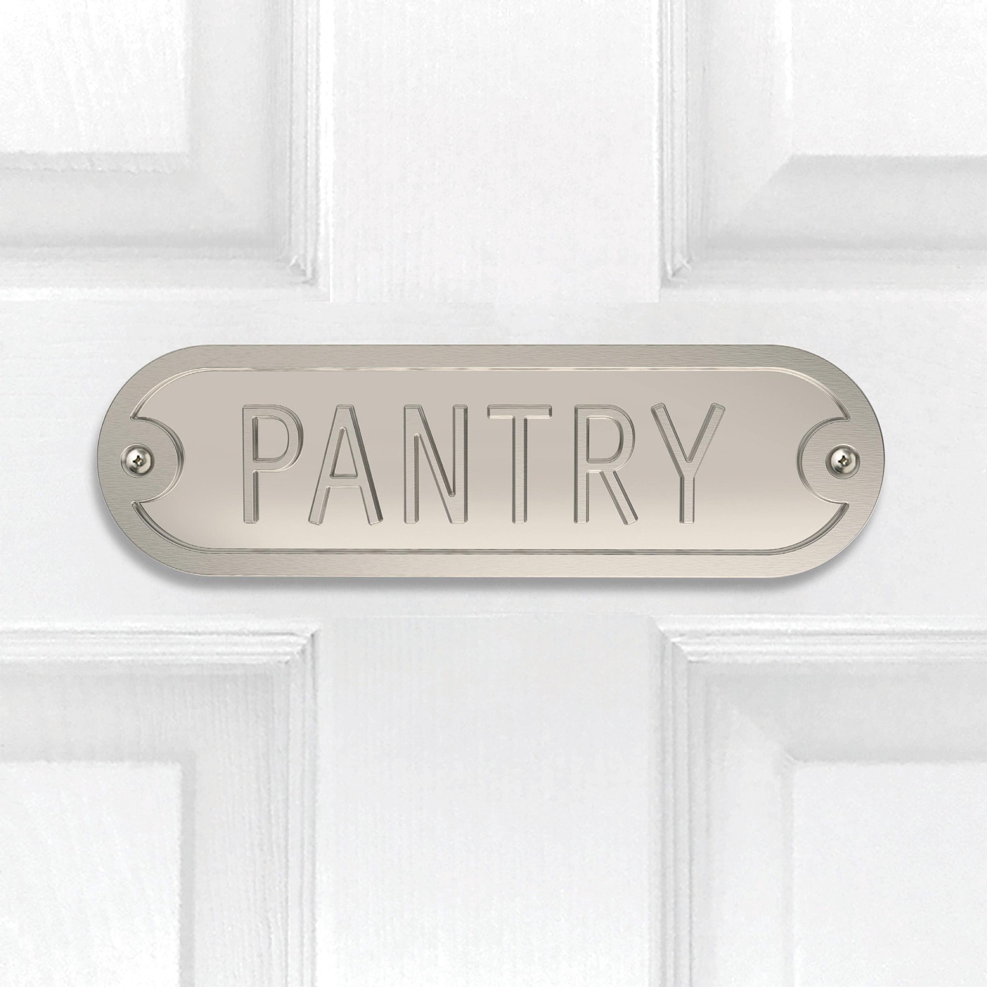 slide 6 of 6, Franklin Brass Pantry Door Sign Satin Nickel 2.2-in H x 7.4-in W Modern Metal Sign, 1 ct
