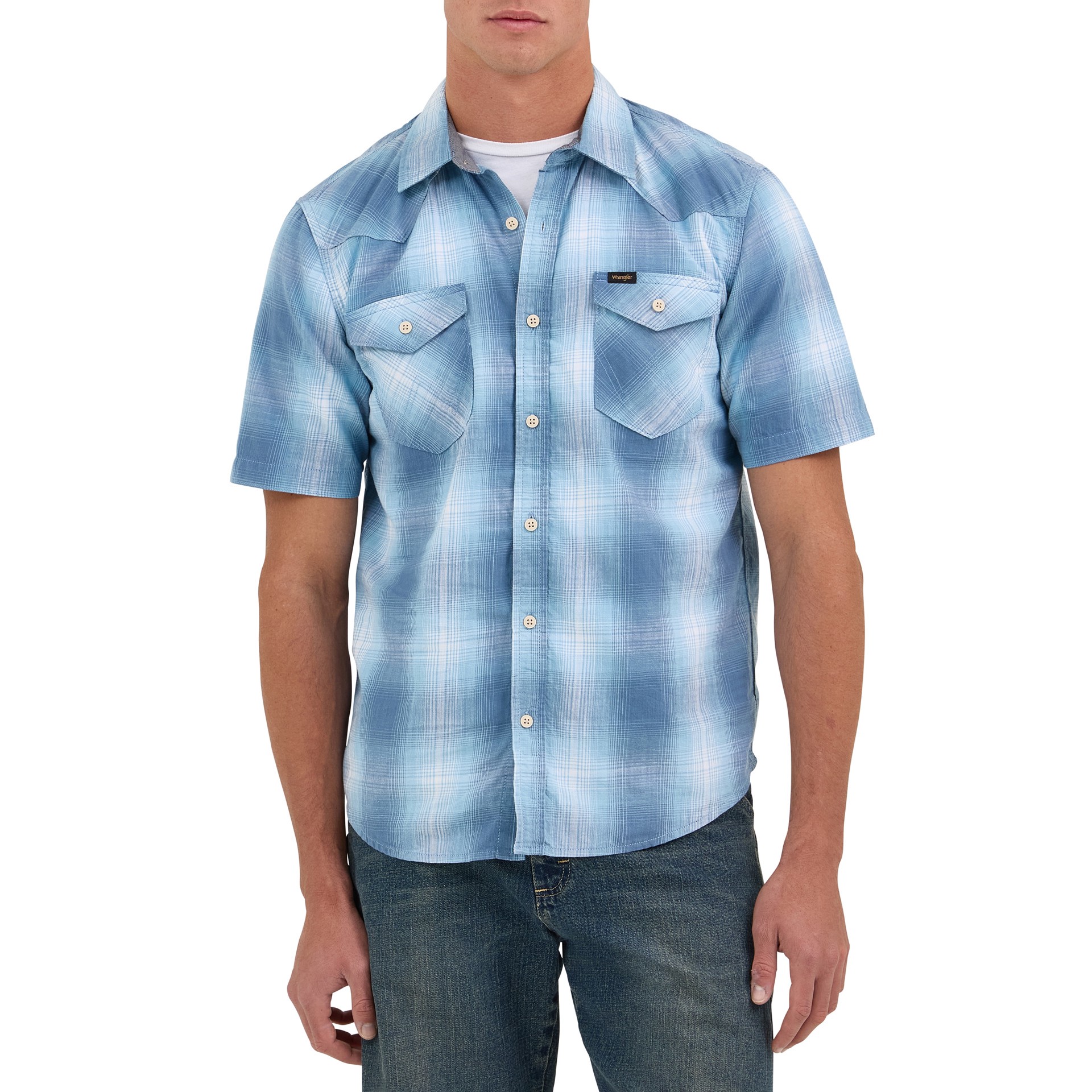 slide 1 of 4, Wrangler Men's Blue Woven Short sleeve Button-down shirt ( Medium ), 1 ct