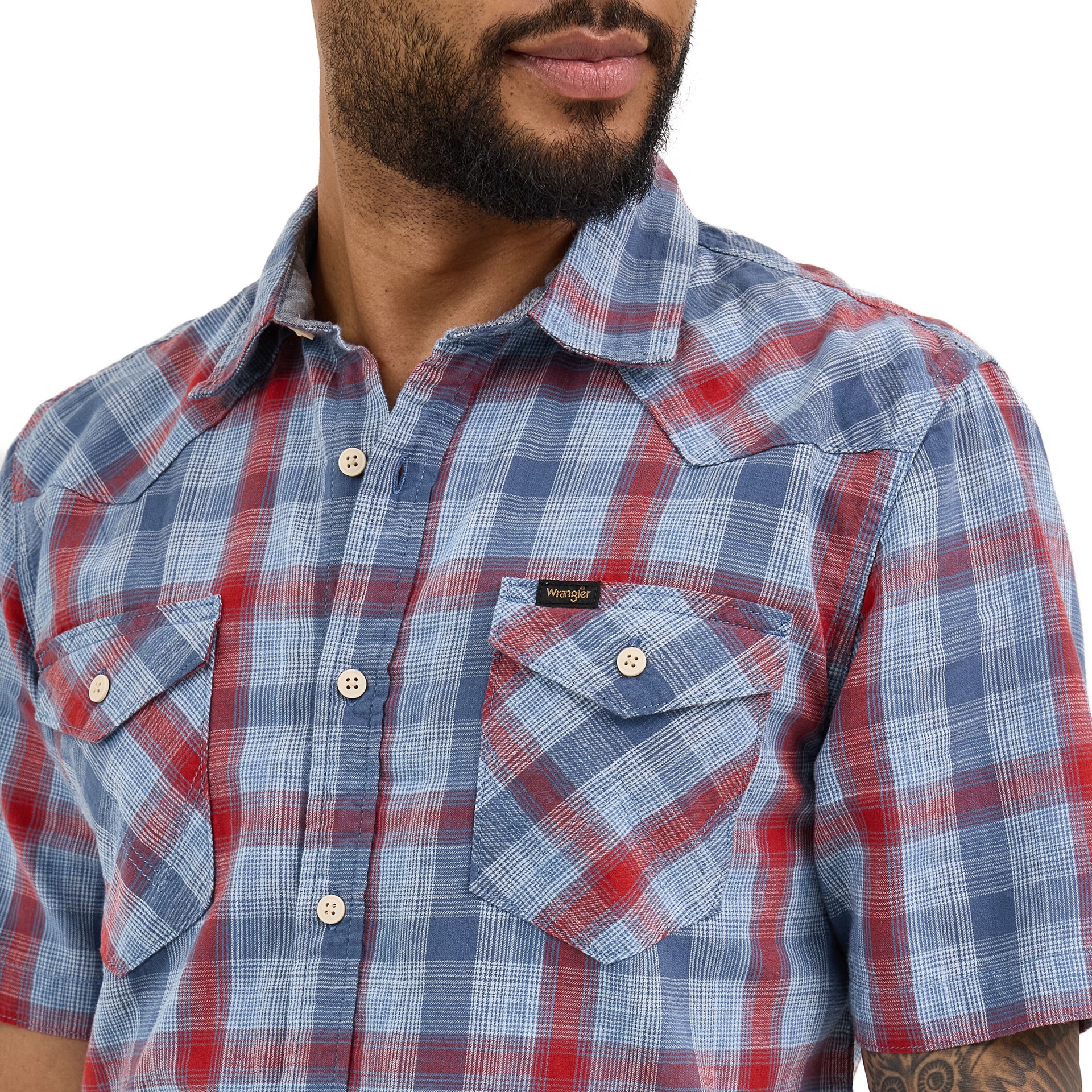 slide 3 of 4, Wrangler Men's Blue Light weight Woven Short sleeve Button-down shirt ( Large ), 1 ct