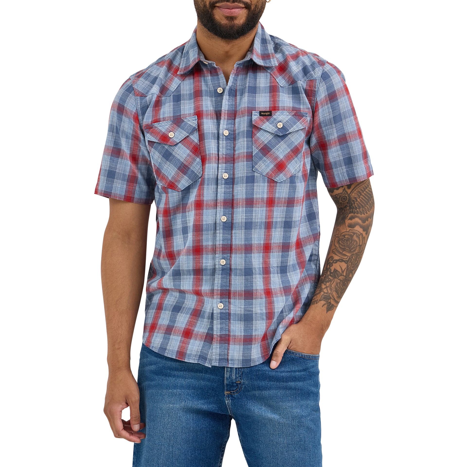 slide 1 of 4, Wrangler Men's Blue Light weight Woven Short sleeve Button-down shirt ( Large ), 1 ct