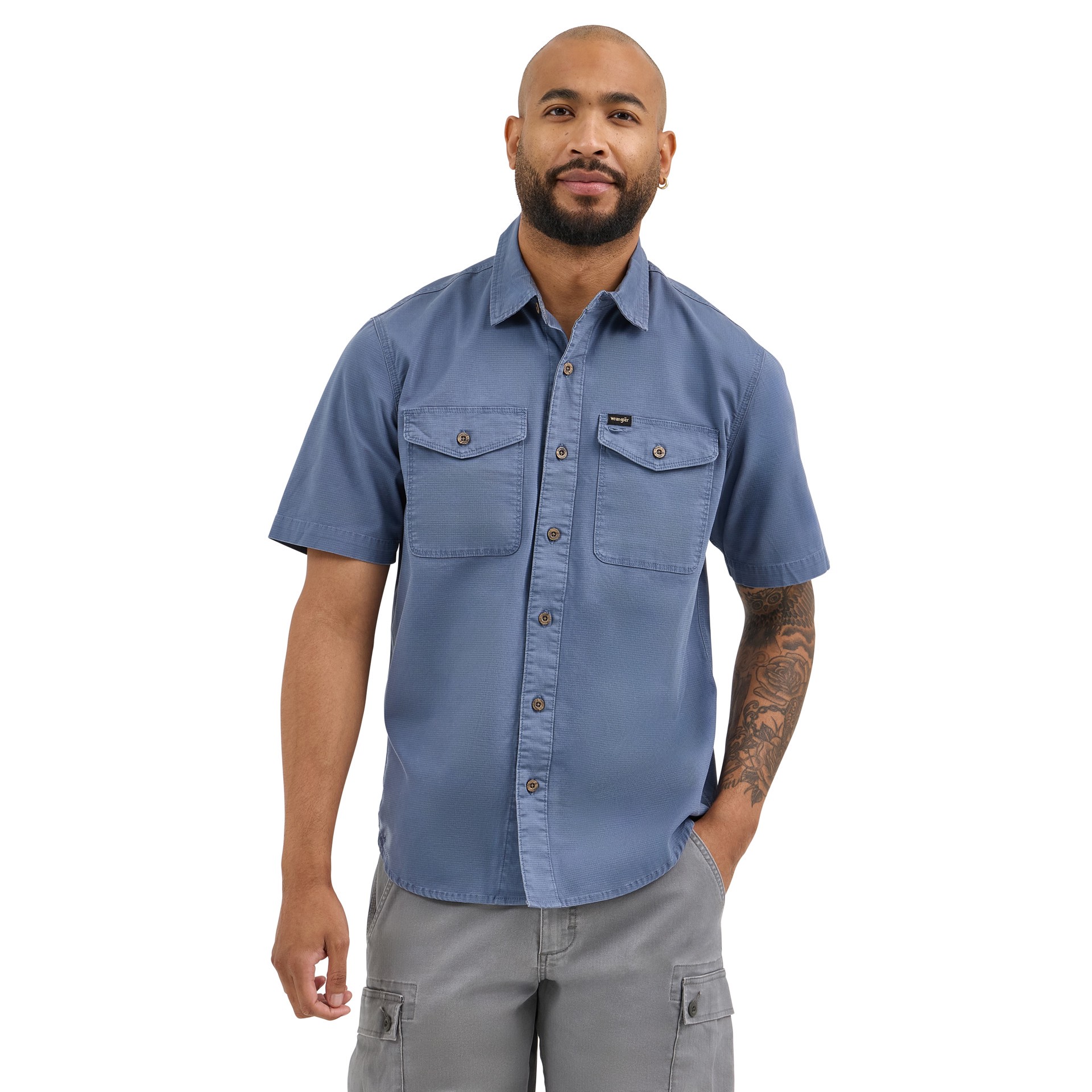 slide 1 of 4, Wrangler Men's Blue Light weight Woven Short sleeve Button-down shirt ( XX-large ), 1 ct