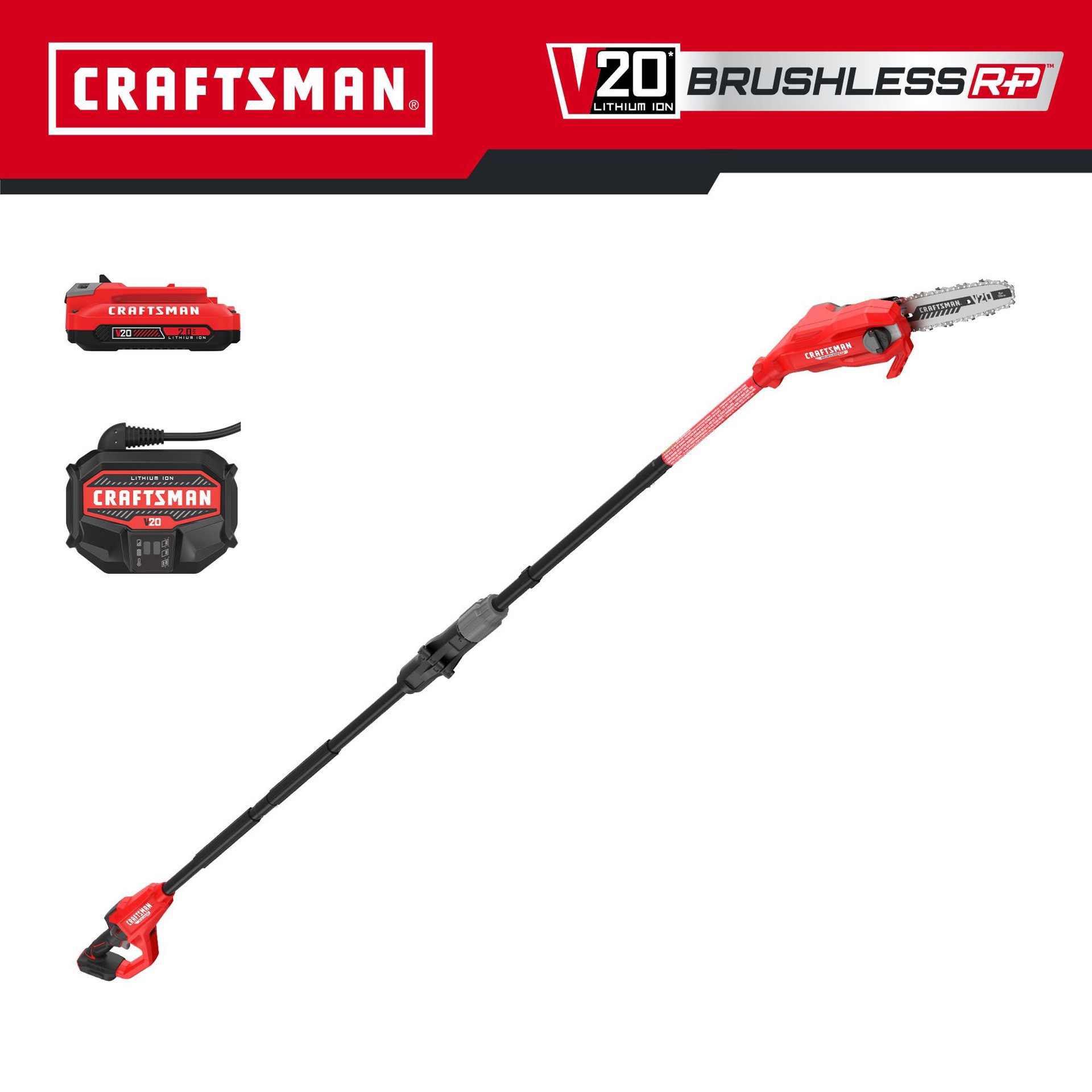 slide 2 of 6, CRAFTSMAN V20 Brushless RP 20-volt max 8-in 2 Ah Battery Pole Saw Battery Included , Charger Included, 1 ct