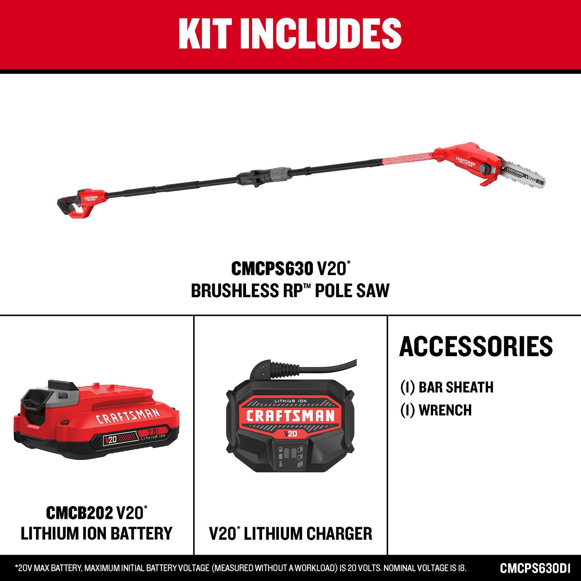 slide 3 of 6, CRAFTSMAN V20 Brushless RP 20-volt max 8-in 2 Ah Battery Pole Saw Battery Included , Charger Included, 1 ct