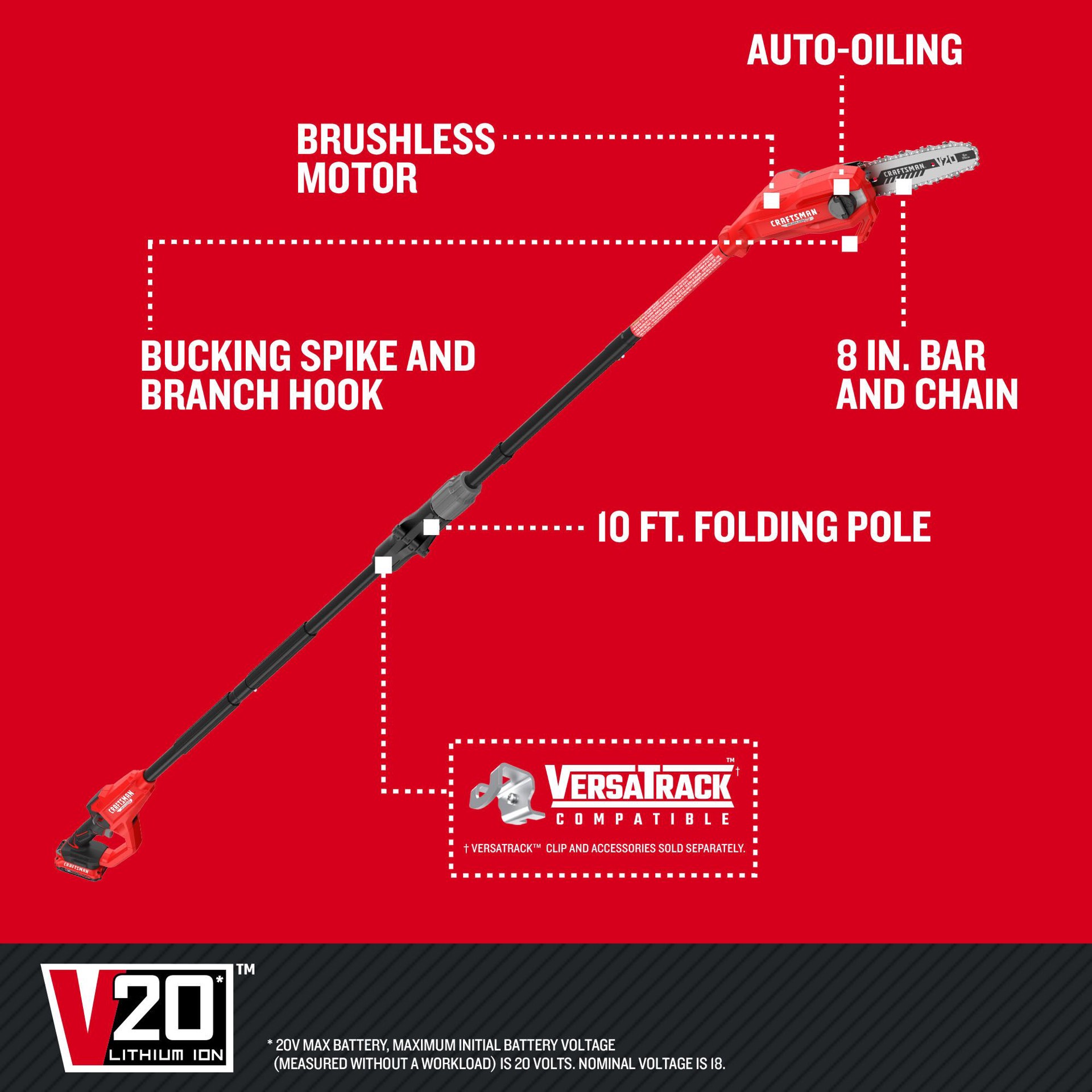 slide 4 of 6, CRAFTSMAN V20 Brushless RP 20-volt max 8-in 2 Ah Battery Pole Saw Battery Included , Charger Included, 1 ct
