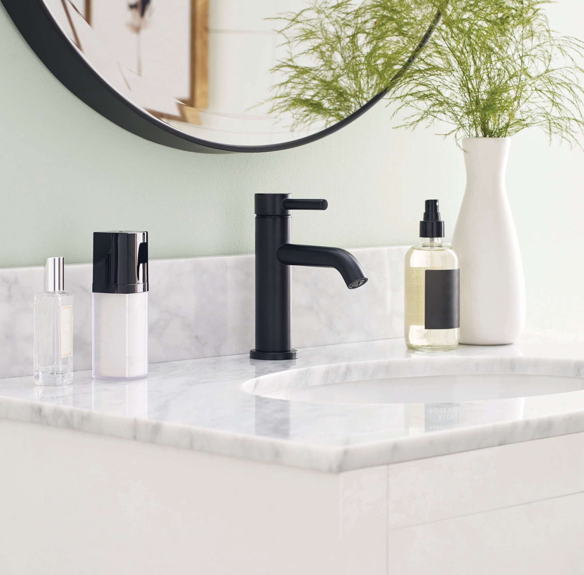 slide 6 of 6, allen + roth Harlow Simplefit Matte Black Single hole 1-handle WaterSense Mid-arc Residential Handle Bathroom Sink Faucet with Drain with Deck Plate, 1 ct