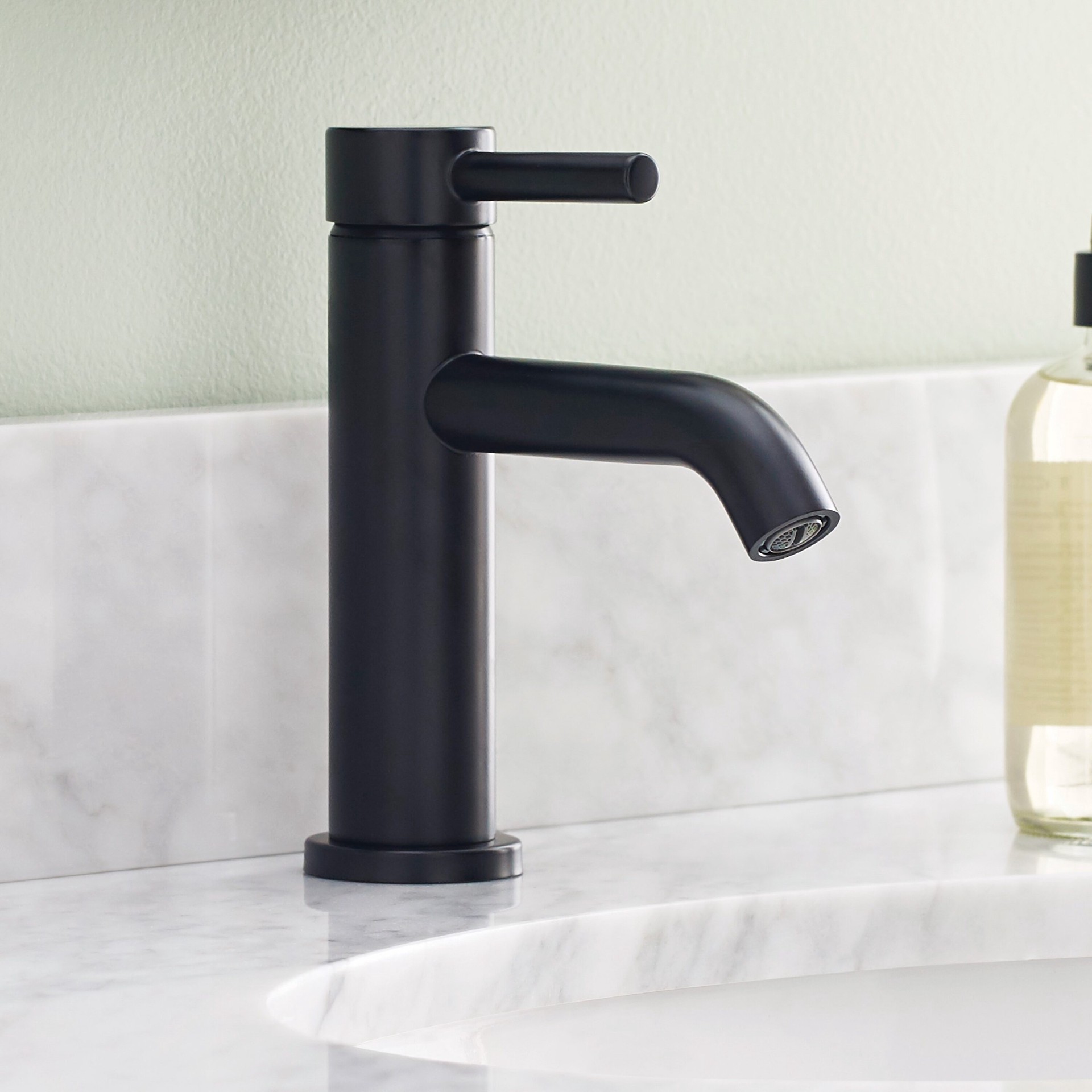 slide 1 of 6, allen + roth Harlow Simplefit Matte Black Single hole 1-handle WaterSense Mid-arc Residential Handle Bathroom Sink Faucet with Drain with Deck Plate, 1 ct
