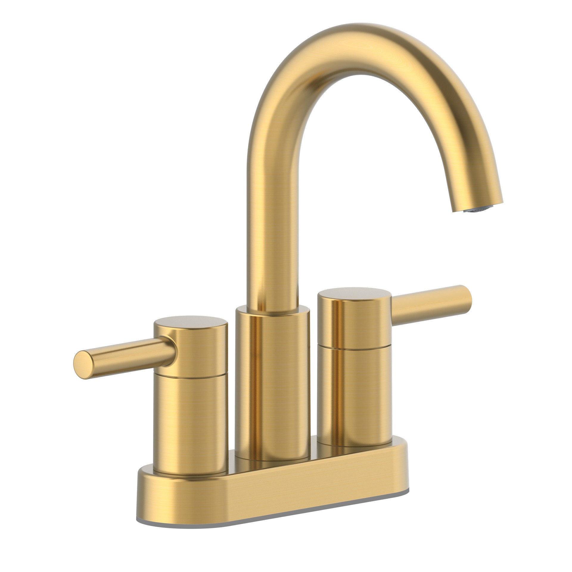 slide 3 of 6, allen + roth Harlow Simplefit Brushed Gold 4-in centerset 2-handle WaterSense Mid-arc Residential Handle Bathroom Sink Faucet with Drain with Deck Plate, 1 ct