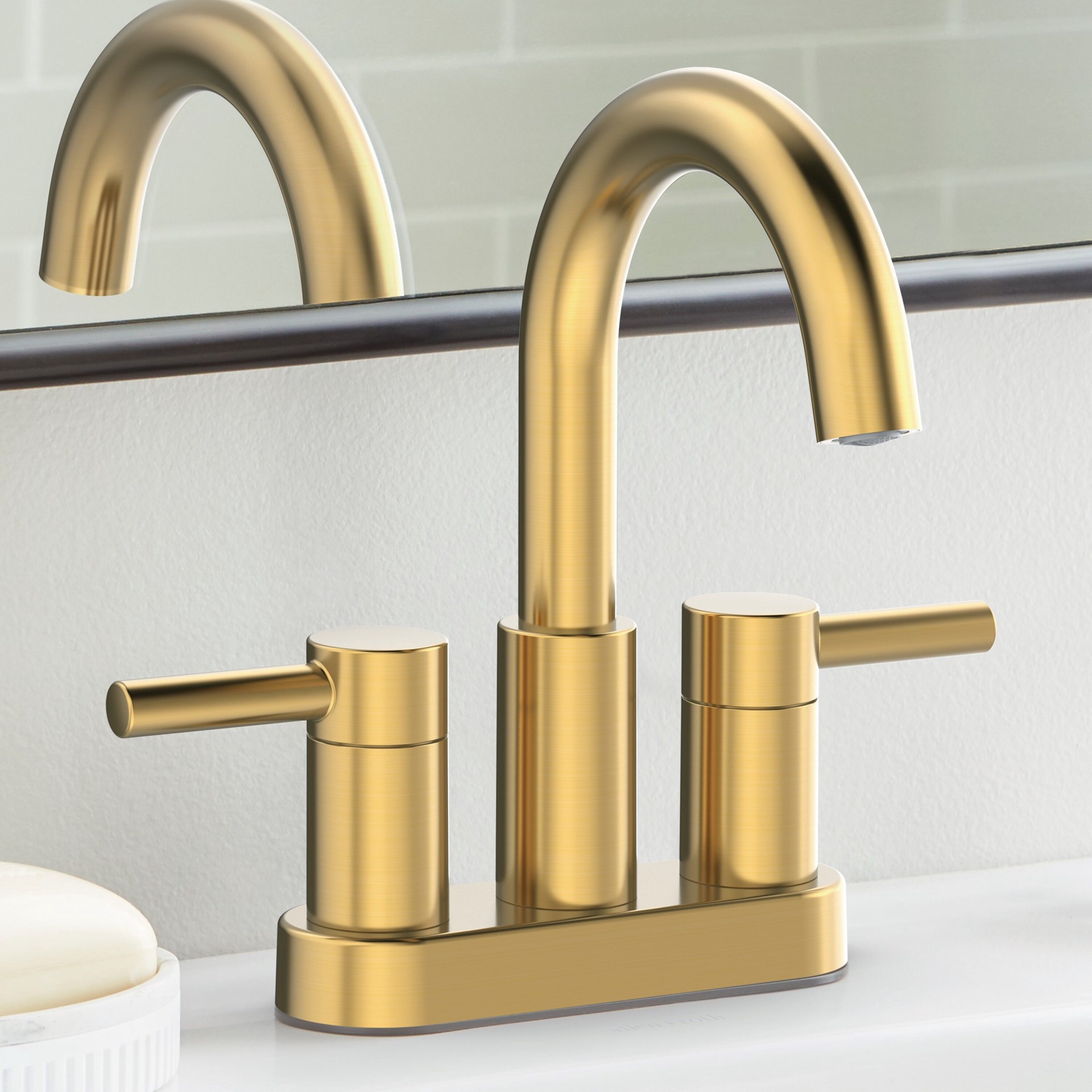 slide 1 of 6, allen + roth Harlow Simplefit Brushed Gold 4-in centerset 2-handle WaterSense Mid-arc Residential Handle Bathroom Sink Faucet with Drain with Deck Plate, 1 ct