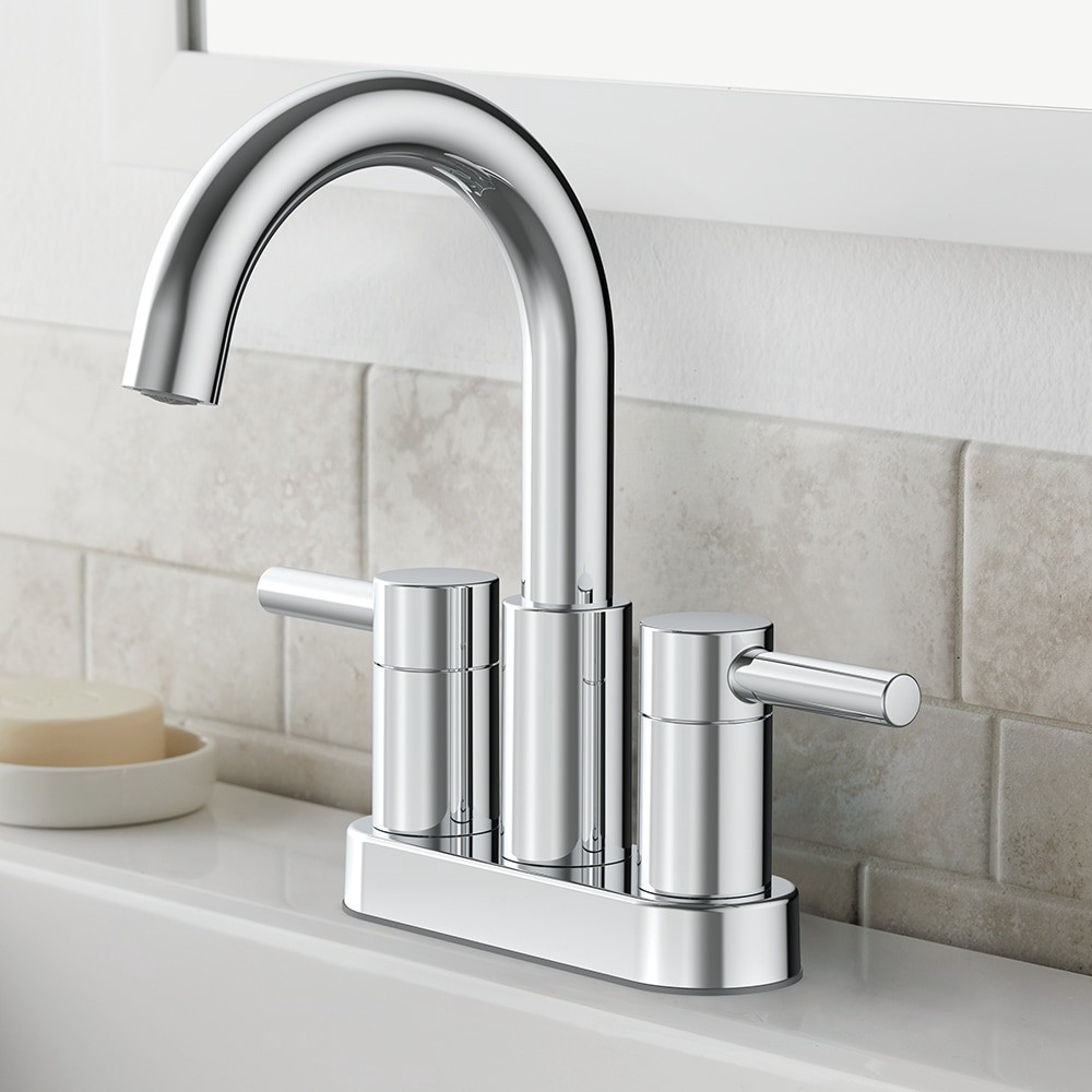 slide 1 of 6, allen + roth Harlow Simplefit Polished Chrome 4-in centerset 2-handle WaterSense Mid-arc Residential Handle Bathroom Sink Faucet with Drain with Deck Plate, 1 ct
