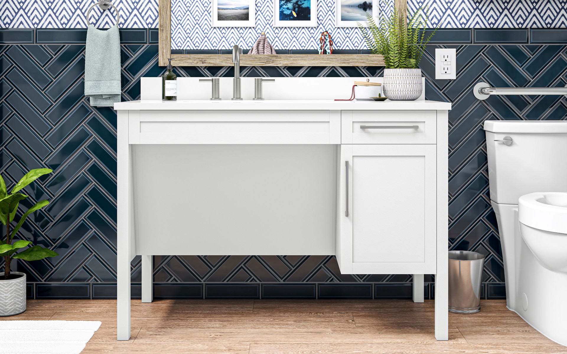 slide 4 of 6, allen + roth Harlow Simplefit Brushed Nickel PVD Widespread 2-handle WaterSense Mid-arc Residential Handle Bathroom Sink Faucet with Drain, 1 ct