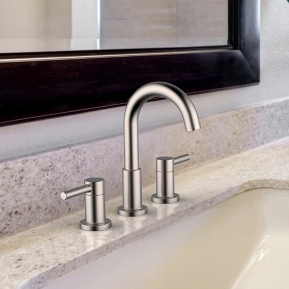 slide 1 of 6, allen + roth Harlow Simplefit Brushed Nickel PVD Widespread 2-handle WaterSense Mid-arc Residential Handle Bathroom Sink Faucet with Drain, 1 ct